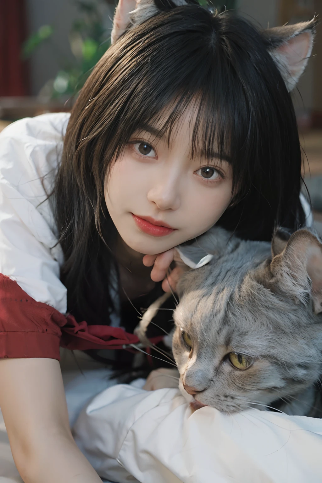 8K,NSFW、 (Being on all fours)、White hair、Best Quality, masutepiece, Ultra High Resolution, (Realism: 1.4), Original photo, Colors inspired by red、(True skin texture: 1.3), (Film grain: 1.3), Beautiful eyes and face details, shorten the head、masutepiece, Best Quality, close up, Full body, Look at the viewer,Blue Ribbon、Hair is white、Bob cut with gray hair、18year old、White cat ears