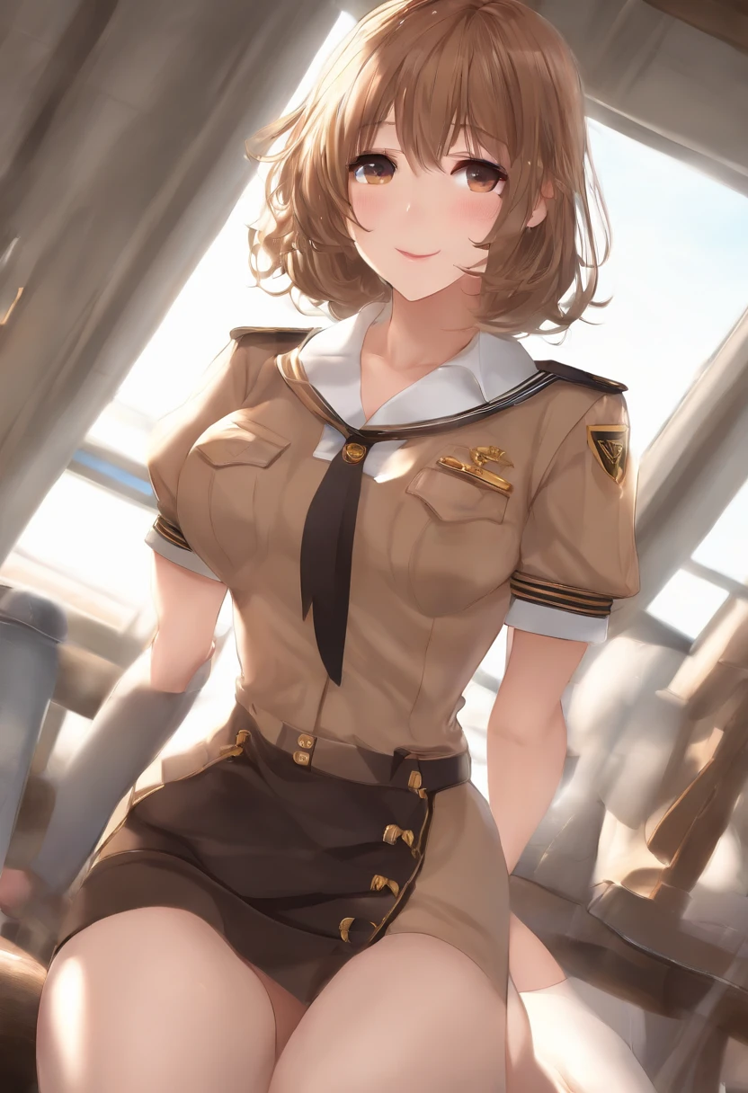 ((NSFW:1.7、realisitic))、1girl in, (Light brown medium hair), ((Female Student Uniforms)), Look at viewers, Young Face、Naughty look, (( Opening legs、Open your legs、Crotch main、After Cum Inside、arms back)),Large breasts,Putting out the chest
