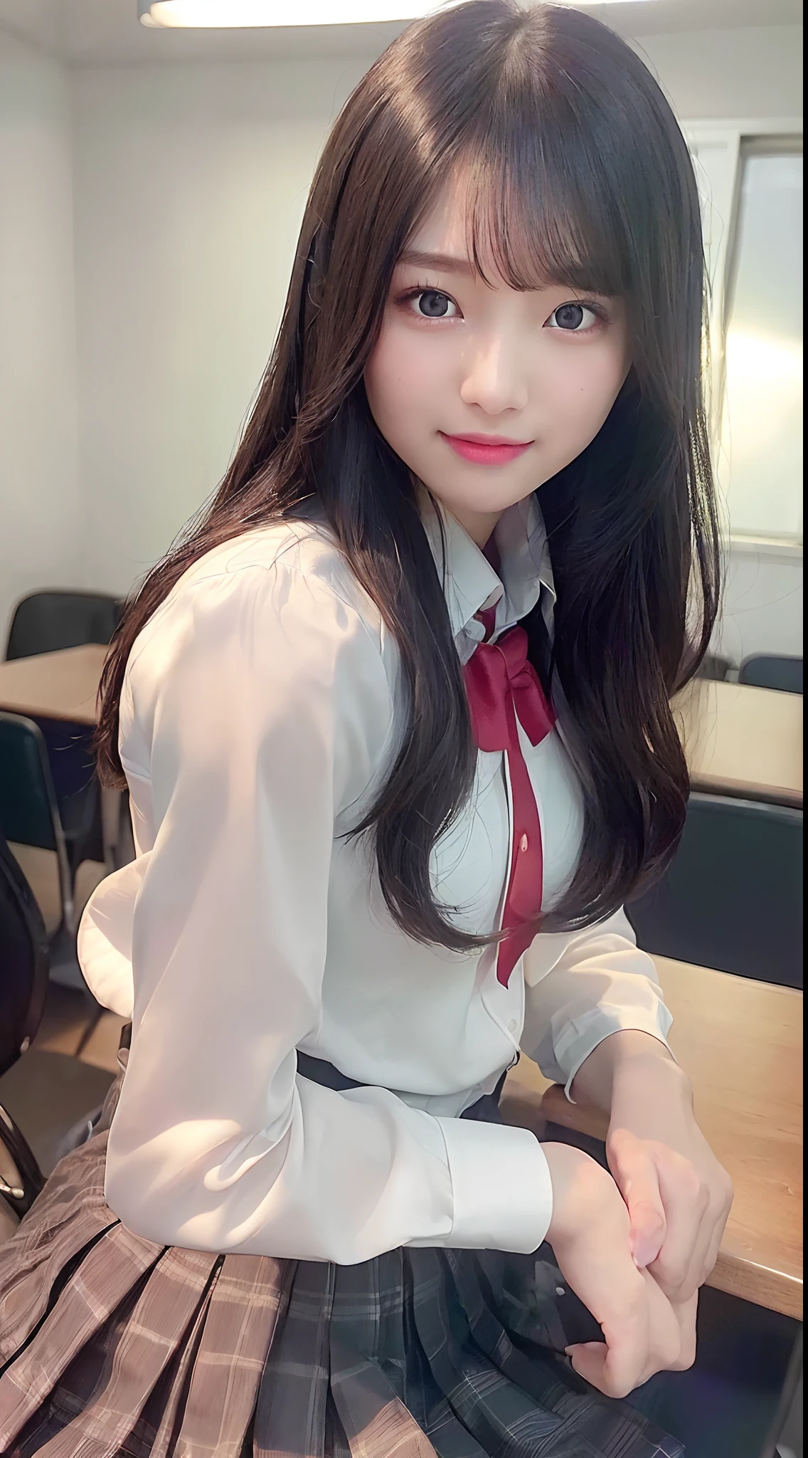 (masterpiece、top-quality、beautiful quality、Photorealsitic、Look at viewers、Detailed Lighting、highlydetailed skin、very detail hair、extremely detailed teeth、shadowy、8K:1.2)、(women's pictures、1girl in:1.2)、((high-school uniform:1.2))