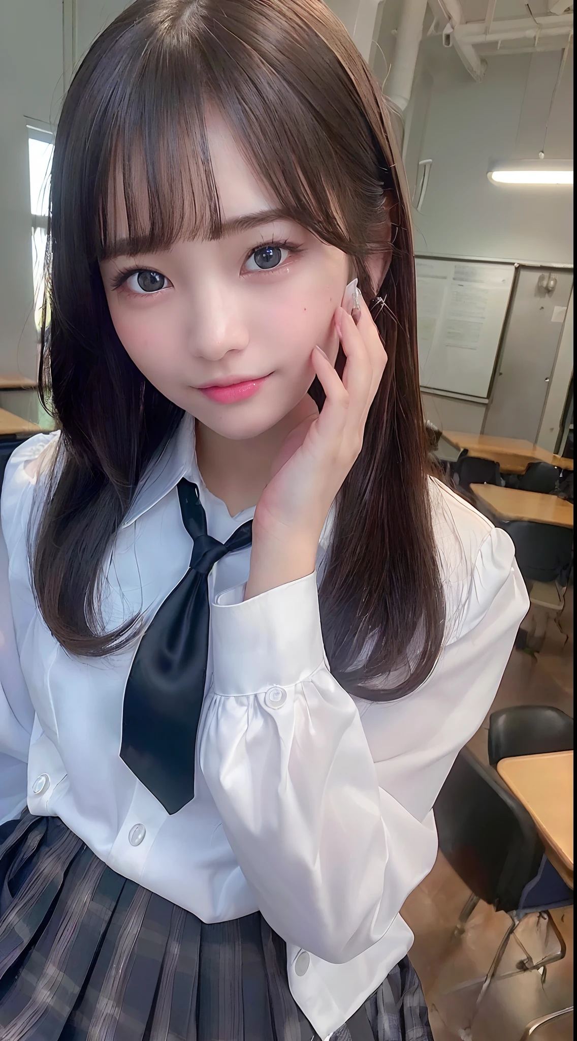 (masterpiece、top-quality、beautiful quality、Photorealsitic、Look at viewers、Detailed Lighting、highlydetailed skin、very detail hair、extremely detailed teeth、shadowy、8K:1.2)、(women's pictures、1girl in:1.2)、((high-school uniform:1.2))
