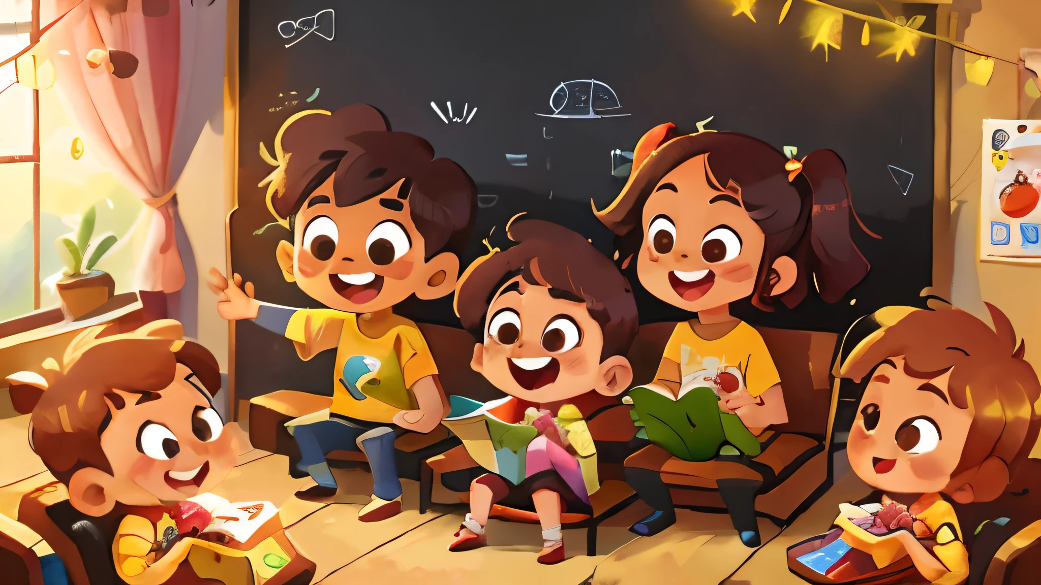 Children playing happily on stage,Driving game,learn,Clear facial features,k hd,cheerfulness,Cartoony,Stage
