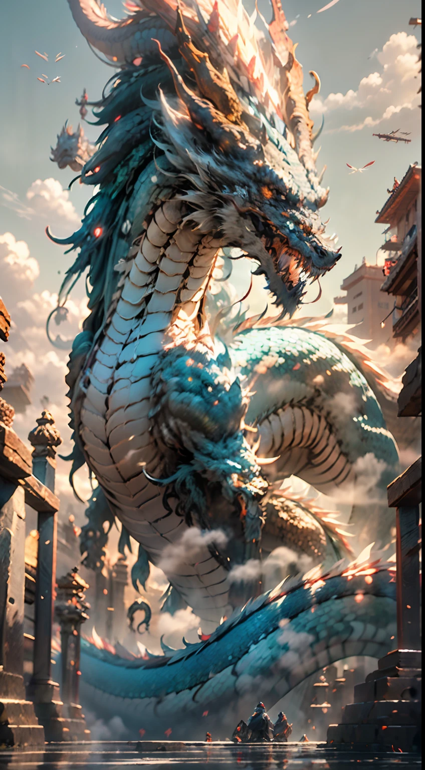 The Chinese White Divine Dragon rose into the air,(Chica manipula dragones:1.3),(The girl has her back to the camera:1.3),Las nubes del cielo rodean los alrededores,magia de luz,fantastic background,Significado de fondo,Ridiculous background,There are artistic overlays,cabello multicolor, surrealismo, cinematic lighting, Trazado de rayos, Luz de Dios, Speed Line, view angle, hiper HD, Obra maestra, La mejor calidad, Super detail, A high resolution, alta calidad,(Vista lejana:1.3)