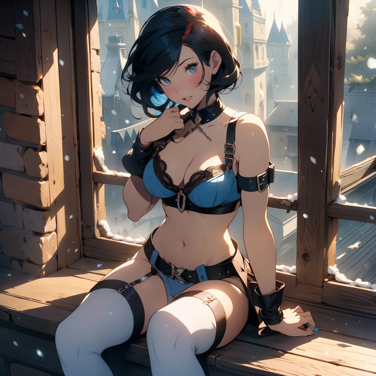 araffe snow white, snow white, modern disney style, red bow, blue eyes, short black hair, sitting on a window sill with a black bra and cuffs, wrapped in leather straps, leather cuffs around wrists, restrained, harnesses and garters, handcuffed, handcuffs,  dominant pose, sexy dominant pose,