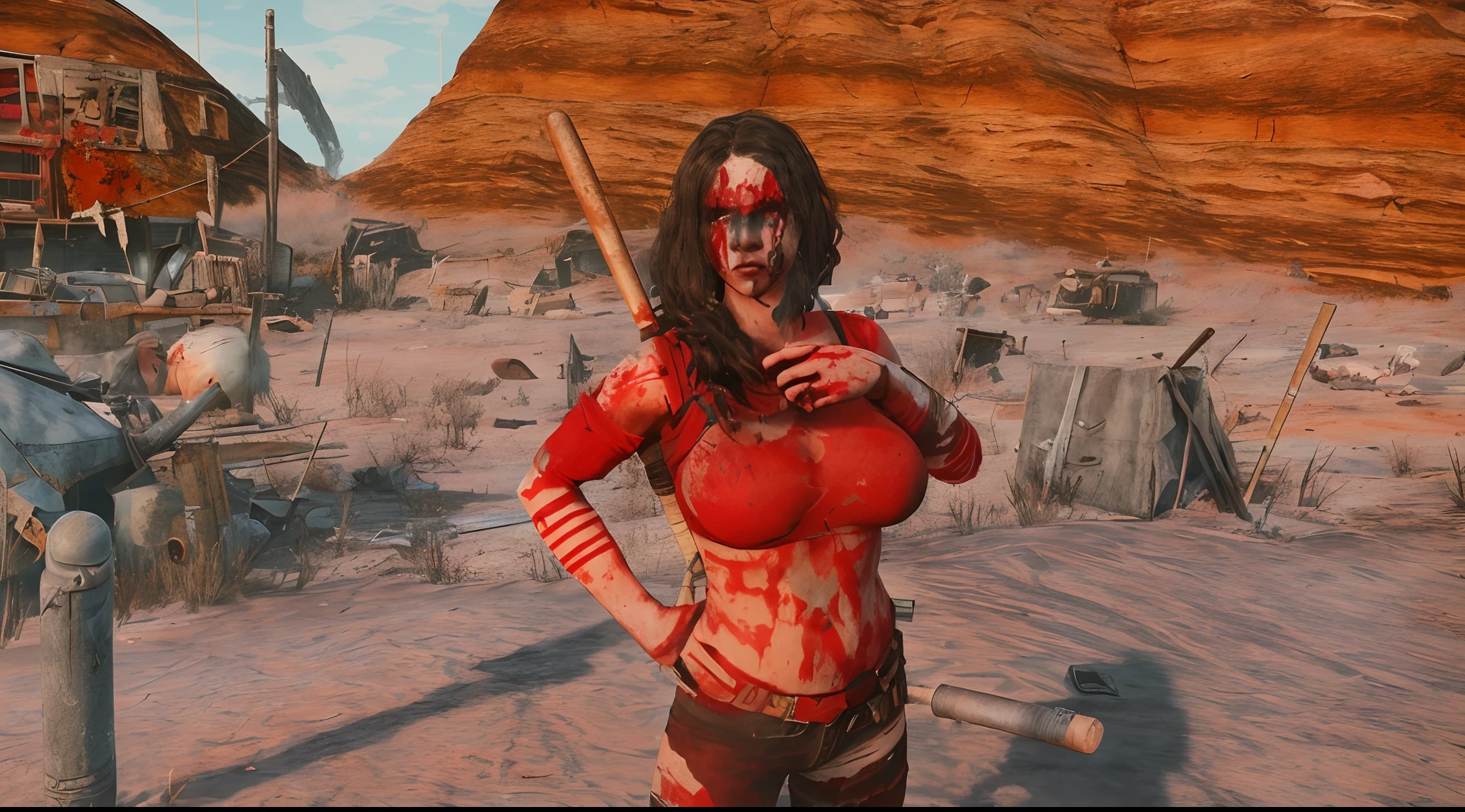 There is a woman with a baseball bat with a bloody face and body, a very beautiful berserker woman, Female Revenant, Red skinned old woman, post - apocalyptic cowgirl, Evil Princess of the Wasteland, Wild scruffy woman, Styling Fallout 4, Female Warrior of the North, Bloody pale woman, In the wasteland of Fallout, intimidating woman