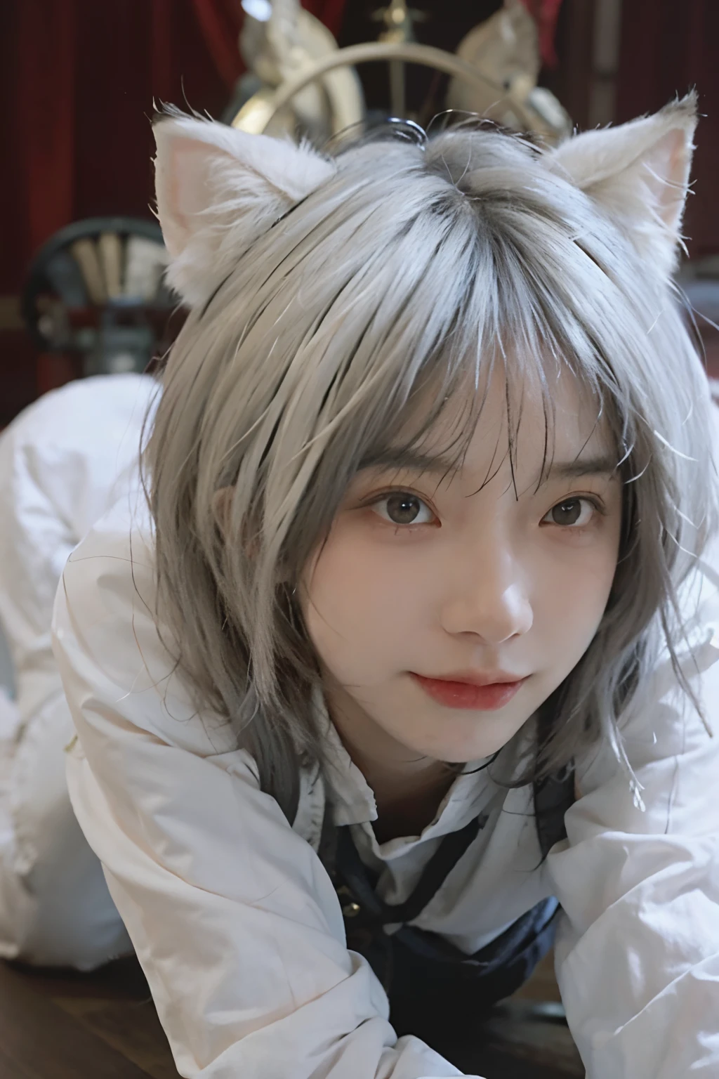8K,NSFW、(whitish hair) (Being on all fours)、White hair、Best Quality, masutepiece, Ultra High Resolution, (Realism: 1.4), Original photo, Colors inspired by red、(True skin texture: 1.3), (Film grain: 1.3), Beautiful eyes and face details, shorten the head、masutepiece, Best Quality, close up, Full body, Look at the viewer,Blue Ribbon、Bob cut with gray hair、18year old、White cat ears