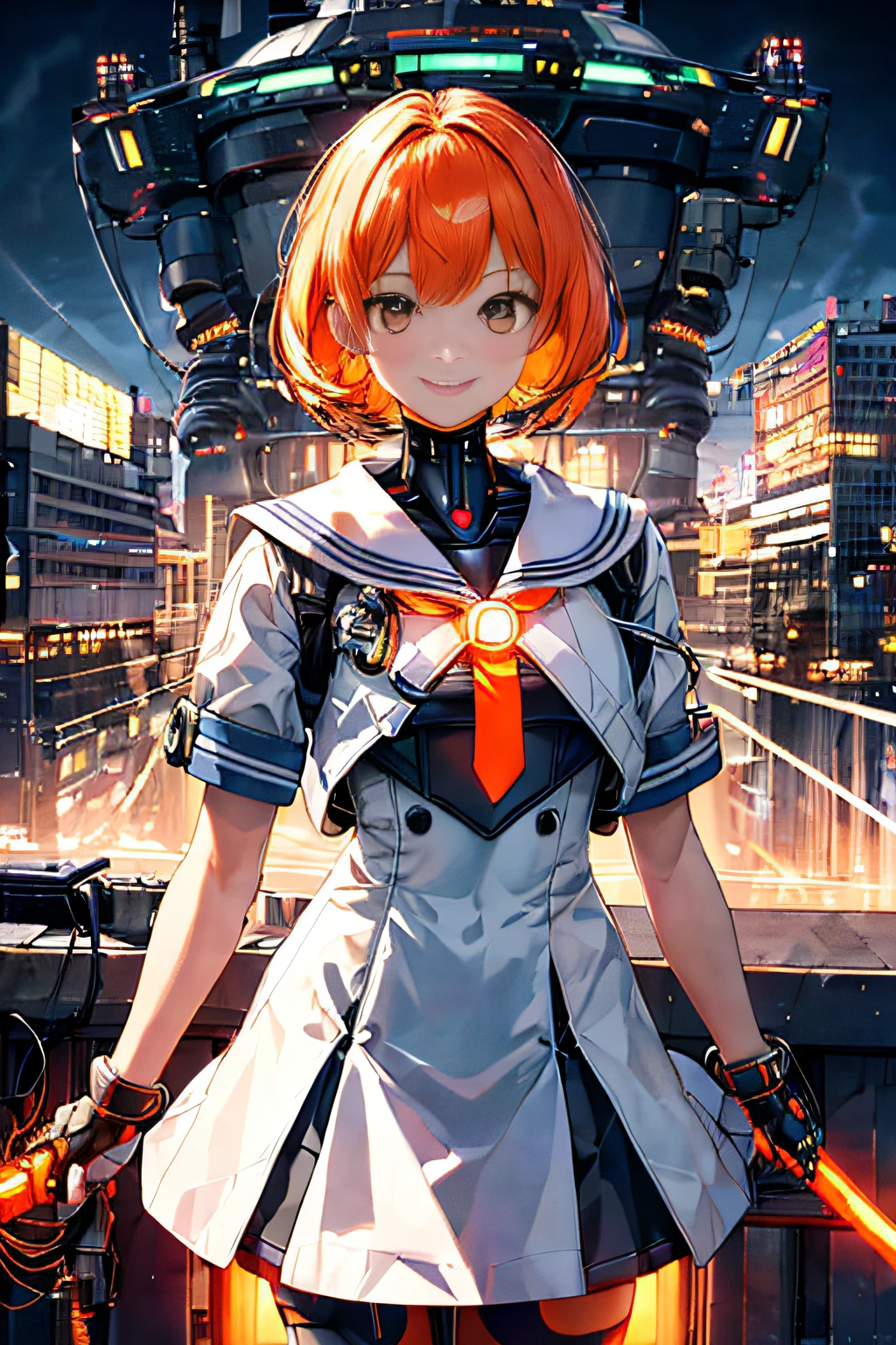 Cybernetic arm and glowing cyber girl,(J Women's Uniform,a sailor suit,White skirt,)Stand on a post-apocalyptic battlefield cityscape.Surrounded by a network of wires. Surrounded by a web of circuits. (Cyber Girl with Orange Glowing Sword:1.3), Glossy light brown and orange striped shorthair,Cute smile,Perfect round face,Black eyes,A cheerful smile that makes the viewer happy,Proper body proportion,Intricate details,Very delicate and beautiful hair,photos realistic,Dreamy,Professional Lighting,realistic shadow,Solo Focus,Beautiful hands,Beautiful fingers,Detailed finger features,detailed clothes features,Detailed hair features,detailed facial features,(masutepiece,top-quality,Ultra-high resolution output image,) ,(The 8k quality,),(Image Mode Ultra HD,),(Image Mode Ultra HD,),(SeaArt2 Mode.1:1.3),Science fiction fantasy