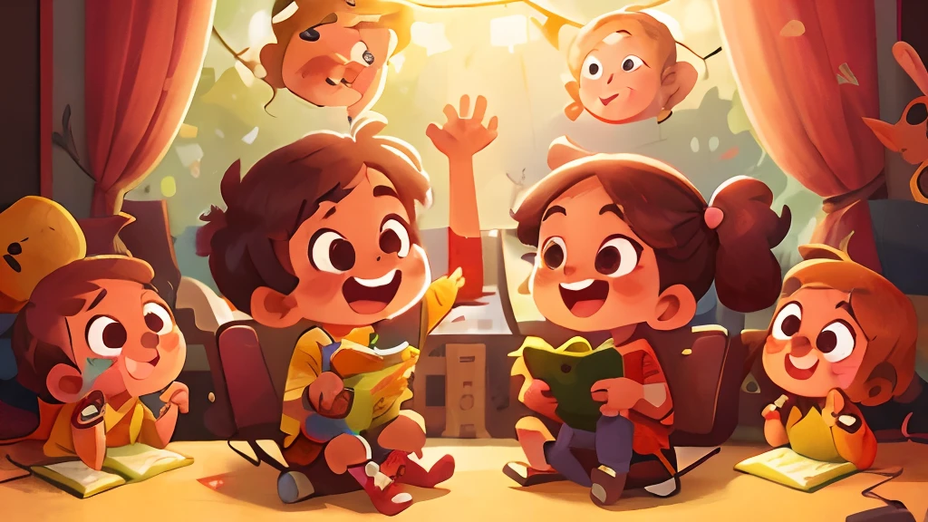 Children playing happily on stage,Driving game,learn,Clear facial features,k hd,cheerfulness,Cartoony,Stage