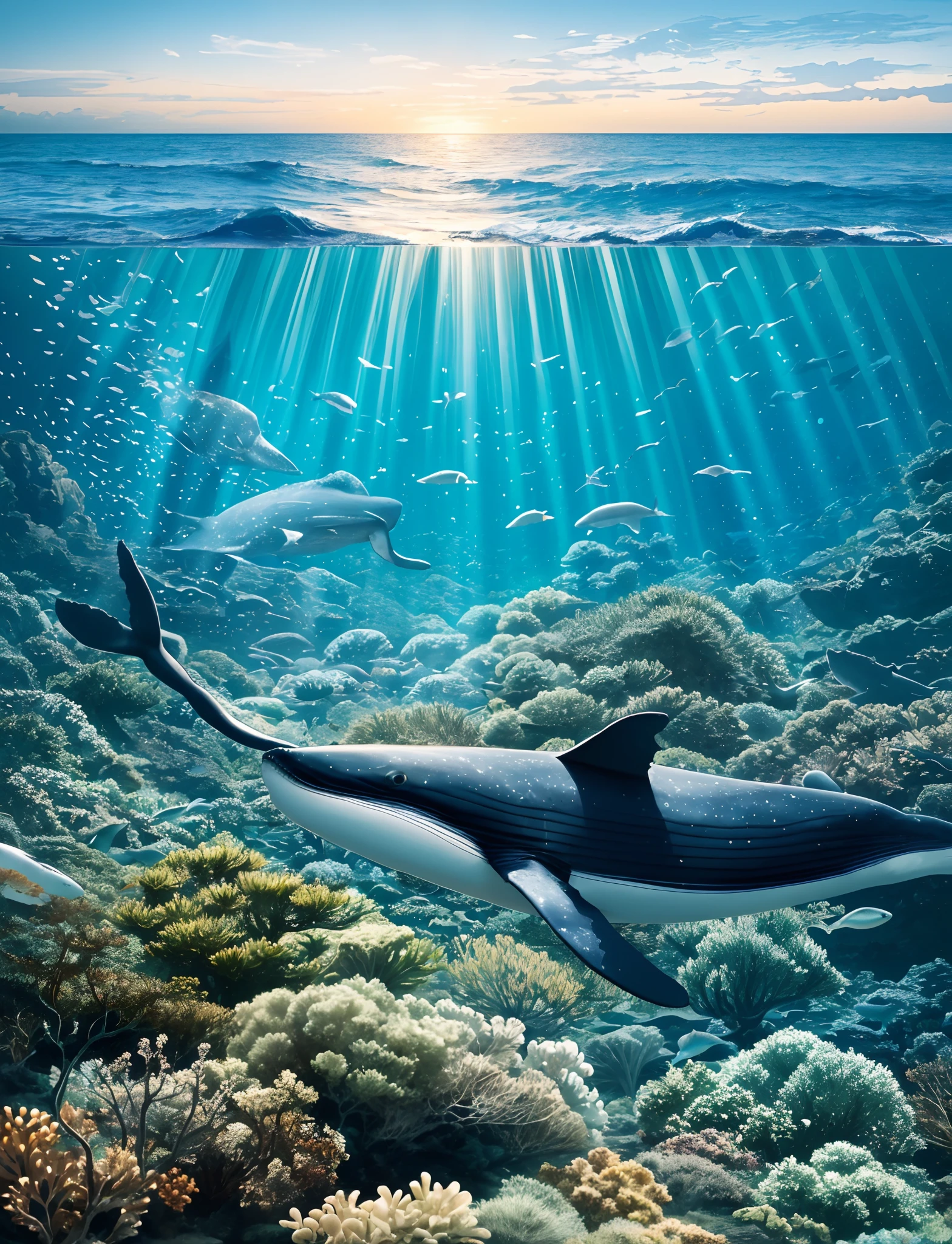 whales，deathia，Beautiful，no oceano，Surrounded by countless newborn sea creatures。Death will bring life。Portrait screen 9：16