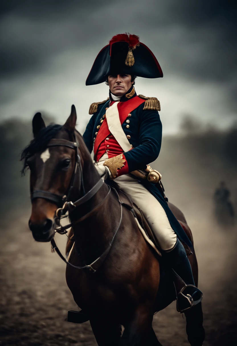 A Napoleon Bonaparte leading in a war carrying a pistol , cinematic,
