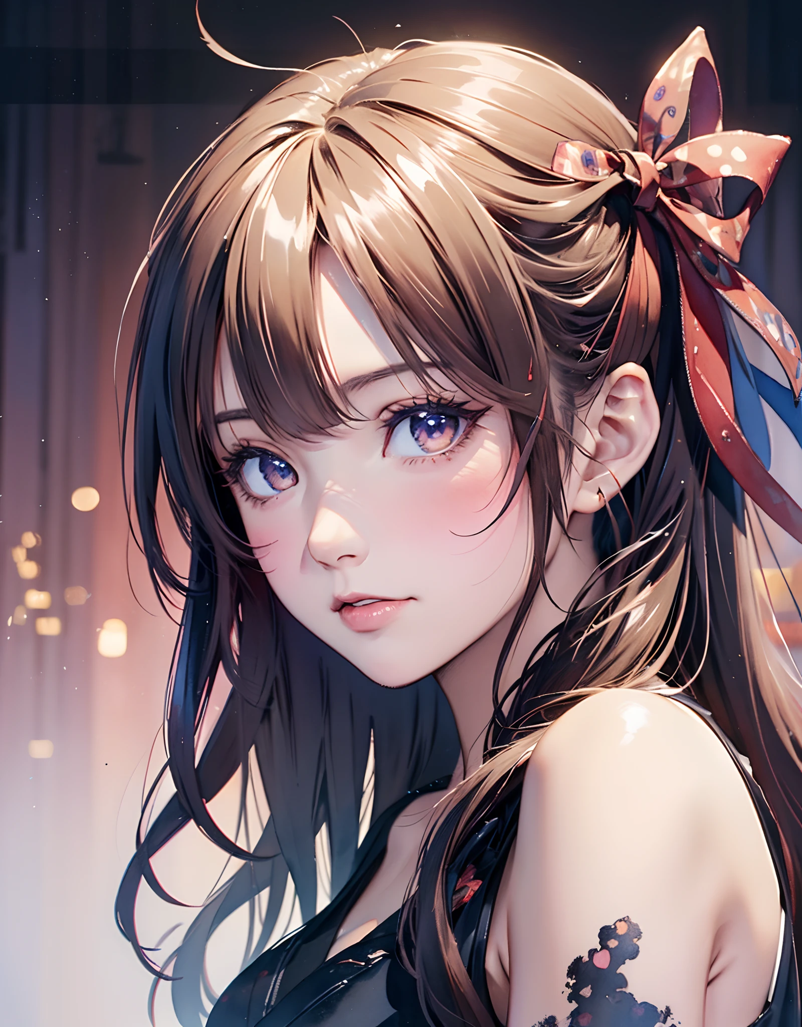 (8K, Best Quality, masutepiece:1.2),(Best Quality:1.0), (超A high resolution:1.0), watercolor paiting, Beautuful Women, Shoulder, Hair ribbons, agnes cecile, Half Body Portrait, extremely luminous bright design, Pastel colors, (inky:1.3), autumn lights,