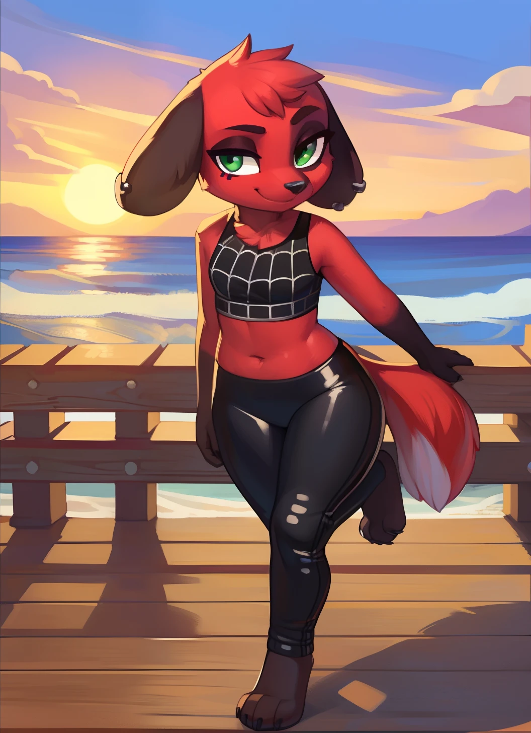 [Cherry; Animal Crossing], [Uploaded to e621.net; (Pixelsketcher), (wamudraws)], ((masterpiece)), ((solo portrait)), ((full body)), ((front view)), ((feet visible)), ((furry; anthro)), ((detailed fur)), ((detailed shading)), ((beautiful render art)), ((intricate details)), {anthro; (red fur, black nose), cute green eyes, (black spot over left eye), black lop ears, smug smirk, small fluffy tail, (beautiful feet), (small boobs)}, {(goth), (spiderweb sports bra), black spandex yoga pants}, {(walking), (looking at viewer)}, [background; (boardwalk), (blue sky), (sun rays)]