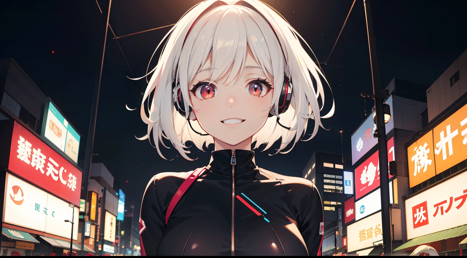 Red LED Female Illustration Profile,Hairstyle Short Bob,White hair,Wear overhead headphones, A smile、front-facing view, Background of Japan in Tokyo, natta,night scene,Provector, high detailing, Vibrant, Japan hologram symbol, Barcode Design, 4K, nffsw, masutepiece,Big breasts