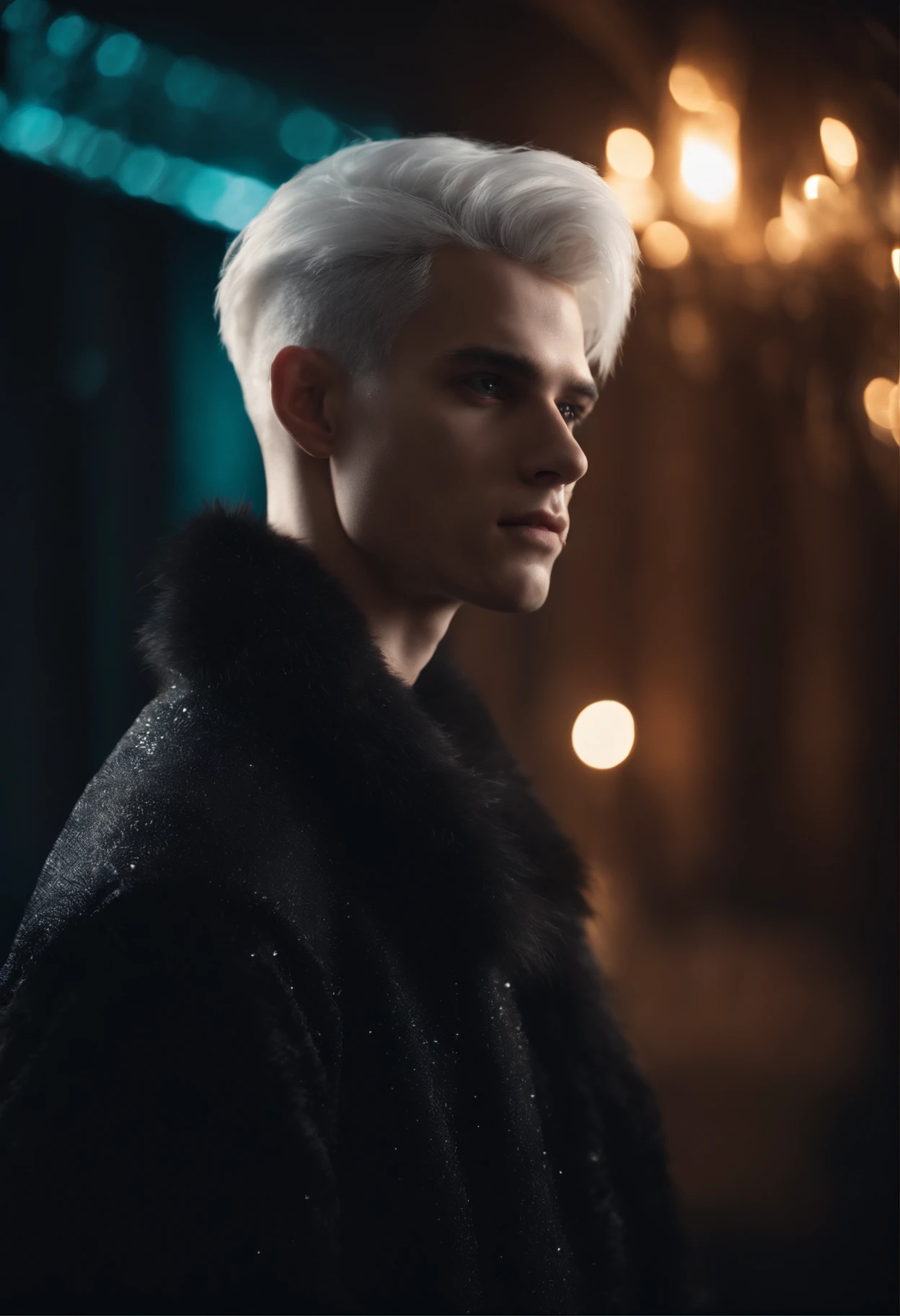 Young man, 20 years old, white hair, two block haircut , shirtless, wearing a black fur coat , reality photo, reality skin, detailed skin, glowing light eyes, Biomechanical, eerie, Creepy, nightmarish, Very bright colors, Light particles, with light glowing, Mshiff, wallpaper art, UHD wallpaper