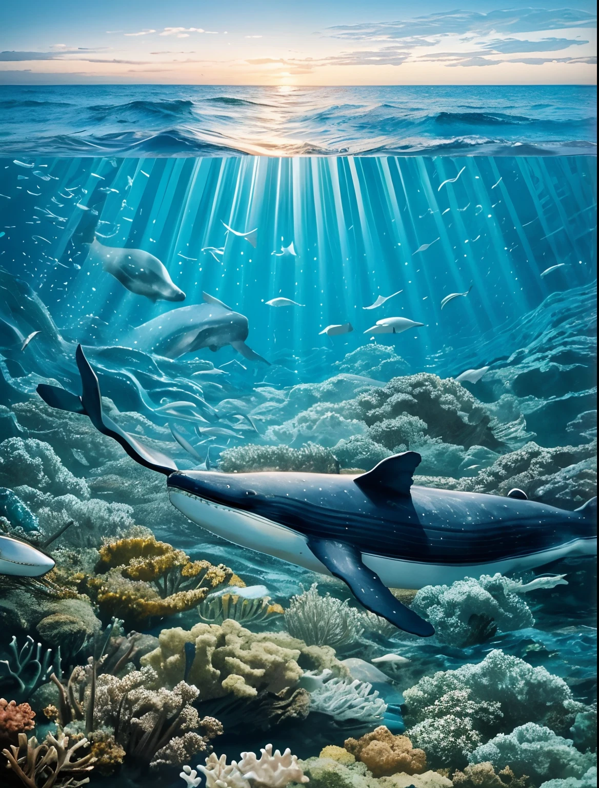 A dead whale in the ocean,Surrounded by countless newborn sea creatures。It means that death will bring life。The picture is beautiful,Portrait screen 9:16