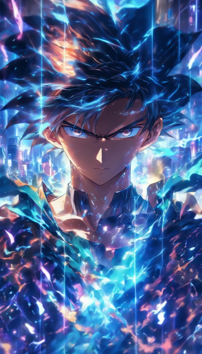 A young man with a slight smile, eyes shining with anticipation, surrounded by dim environment with a magnificent electronic screen floating in front of him, ,32k, best quality, masterpiece, super detail, high details by Jidaimono Anime Style