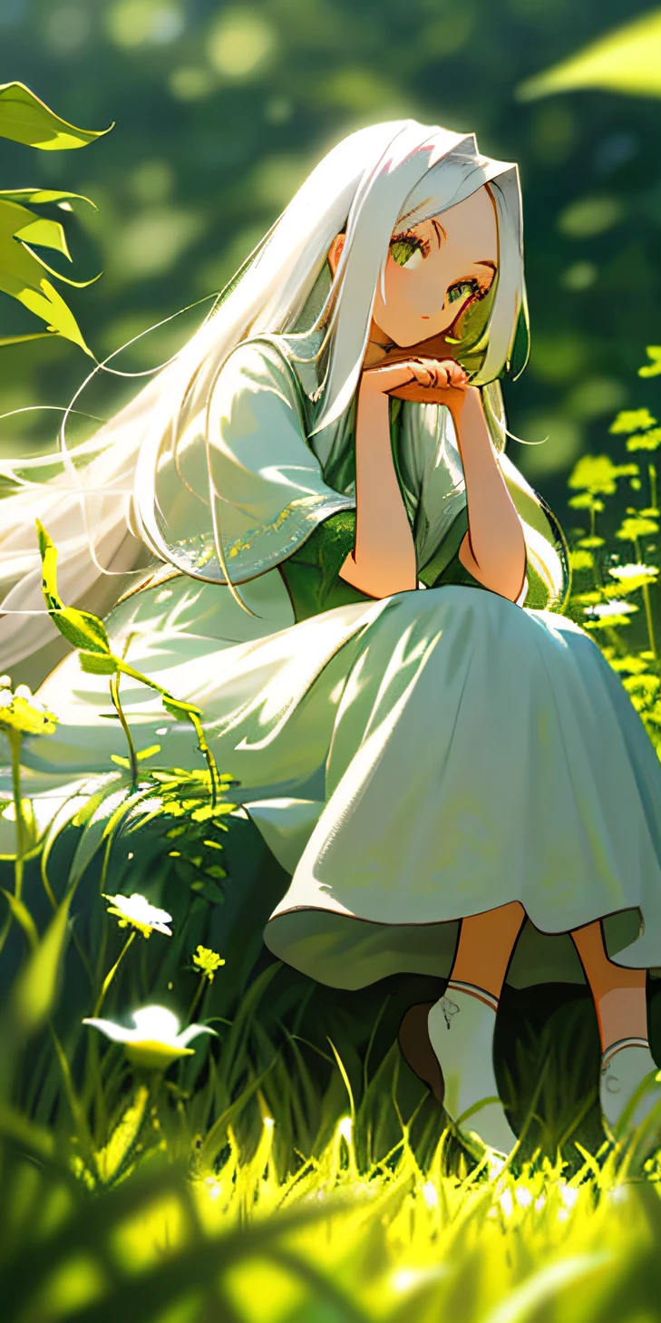 (masterpiece, best quality),1girl with long white hair sitting in a field of green plants and flowers, her hand under her chin, warm lighting, white dress, blurry foreground
