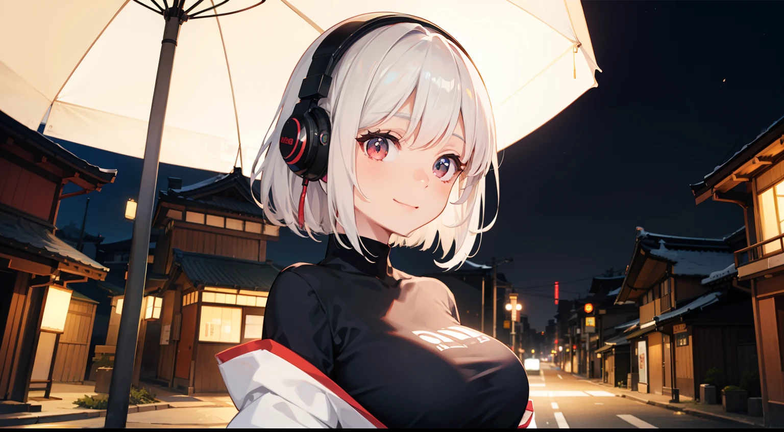 Red LED Female Illustration Profile,Hairstyle Short Bob,White hair,Wear overhead headphones, A smile、front-facing view, Background of Japan in Tokyo, natta,night scene,Provector, high detailing, Vibrant, Japan hologram symbol, Barcode Design, 4K, nffsw, masutepiece,Big breasts