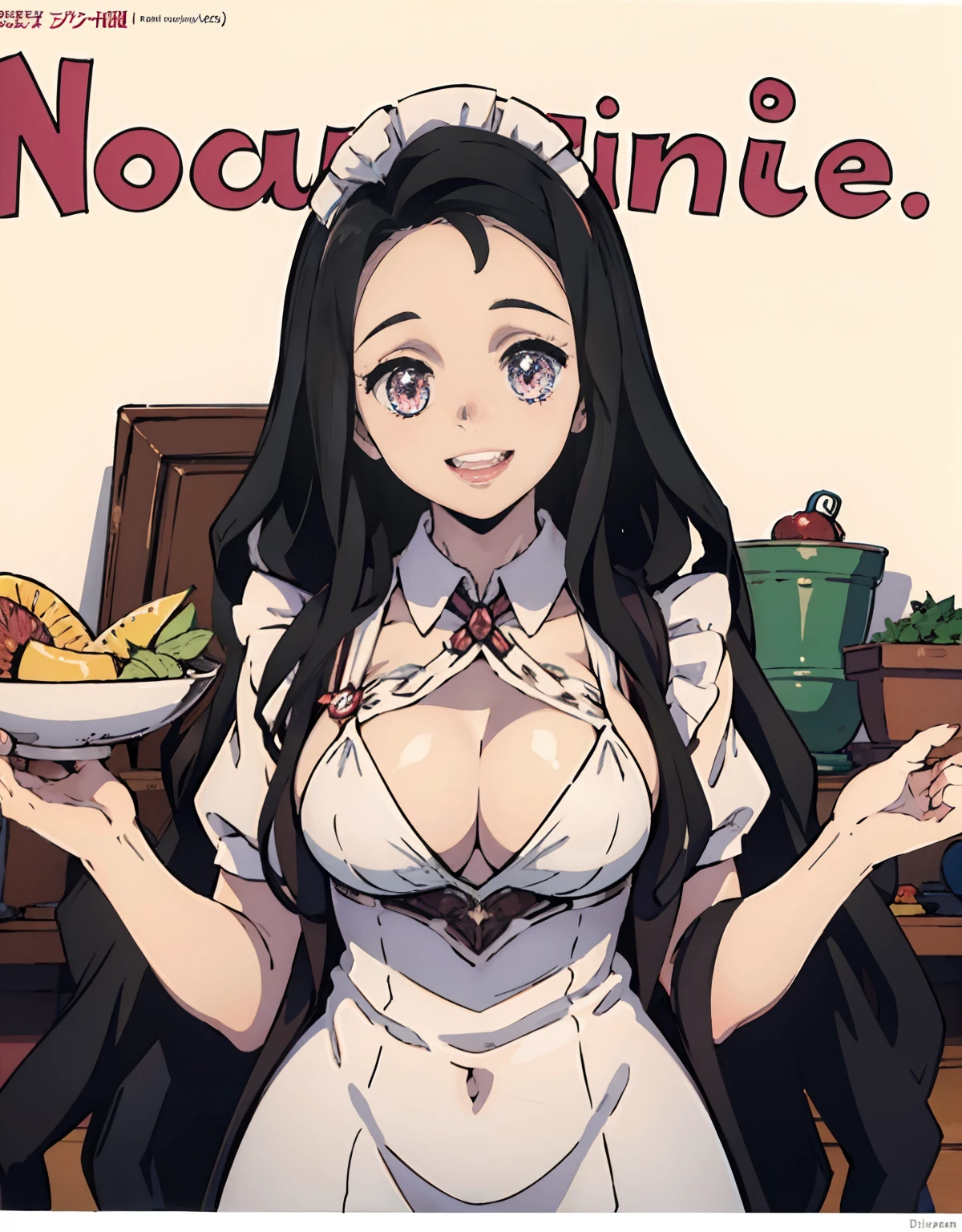 (Best Quality, Masterpiece),sexy , Front cover of a women's cooking magazine, , naked, erotic, 18+, nsfw, 1girl, 16 yunning, cute, smile, hourglass figure, Maid costume, beautiful food, text, diagrams, advertisements, magazine title, long black hair, pink detailed sparkling eyes,One strand of hair hangs down over his forehead