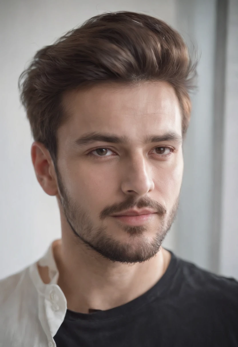 35-year-old boy, White shirt,silky light untidy hair, light beard, looking in camera, Half body,Straight Posing, Perfect Lighting, deepshadow, Best Quality, masutepiece, 超A high resolution, Photorealistic