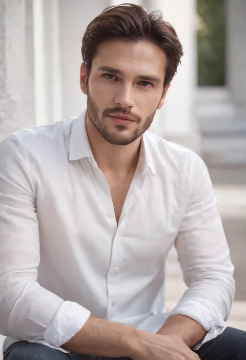 35-year-old boy, White shirt,silky light untidy hair, light beard, looking in camera, Half body,Straight Posing, Perfect Lighting, deepshadow, Best Quality, masutepiece, 超A high resolution, Photorealistic