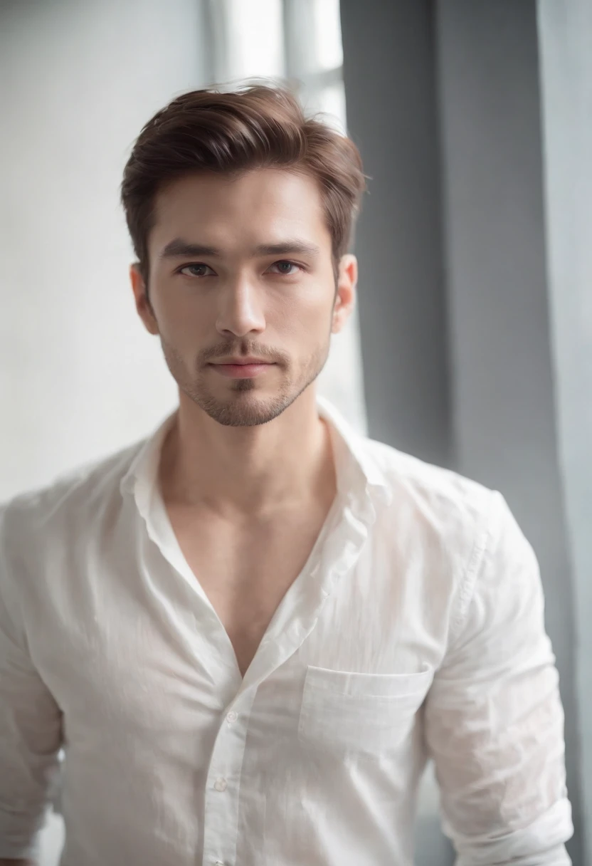35-year-old boy, White shirt,silky light untidy hair, light beard, looking in camera, Half body,Straight Posing, Perfect Lighting, deepshadow, Best Quality, masutepiece, 超A high resolution, Photorealistic