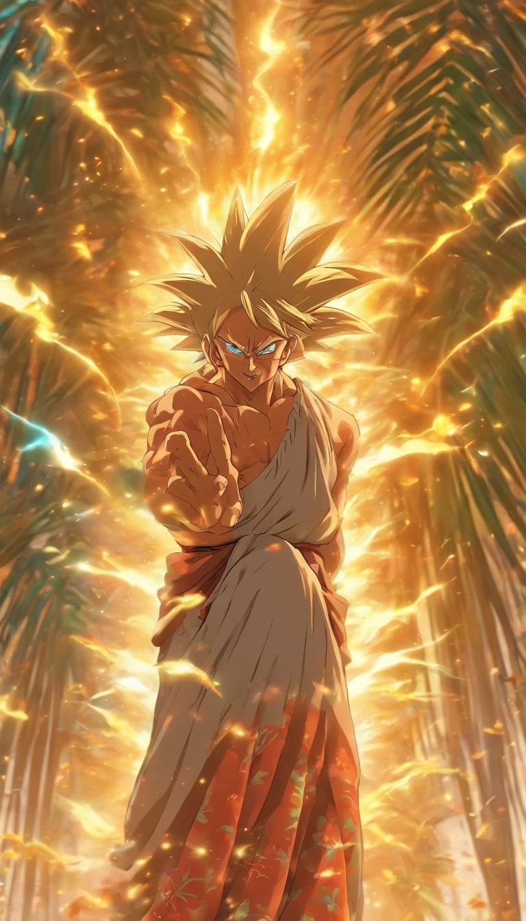 An elderly man with wisdom and composure, his eyes shining with excitement. Behind him, a giant palm appears out of thin air, radiating powerful spiritual energy. The palm slams down instantly, causing chaos and surging spiritual energy. ,32k, best quality, masterpiece, super detail, high details by Jidaimono Anime Style