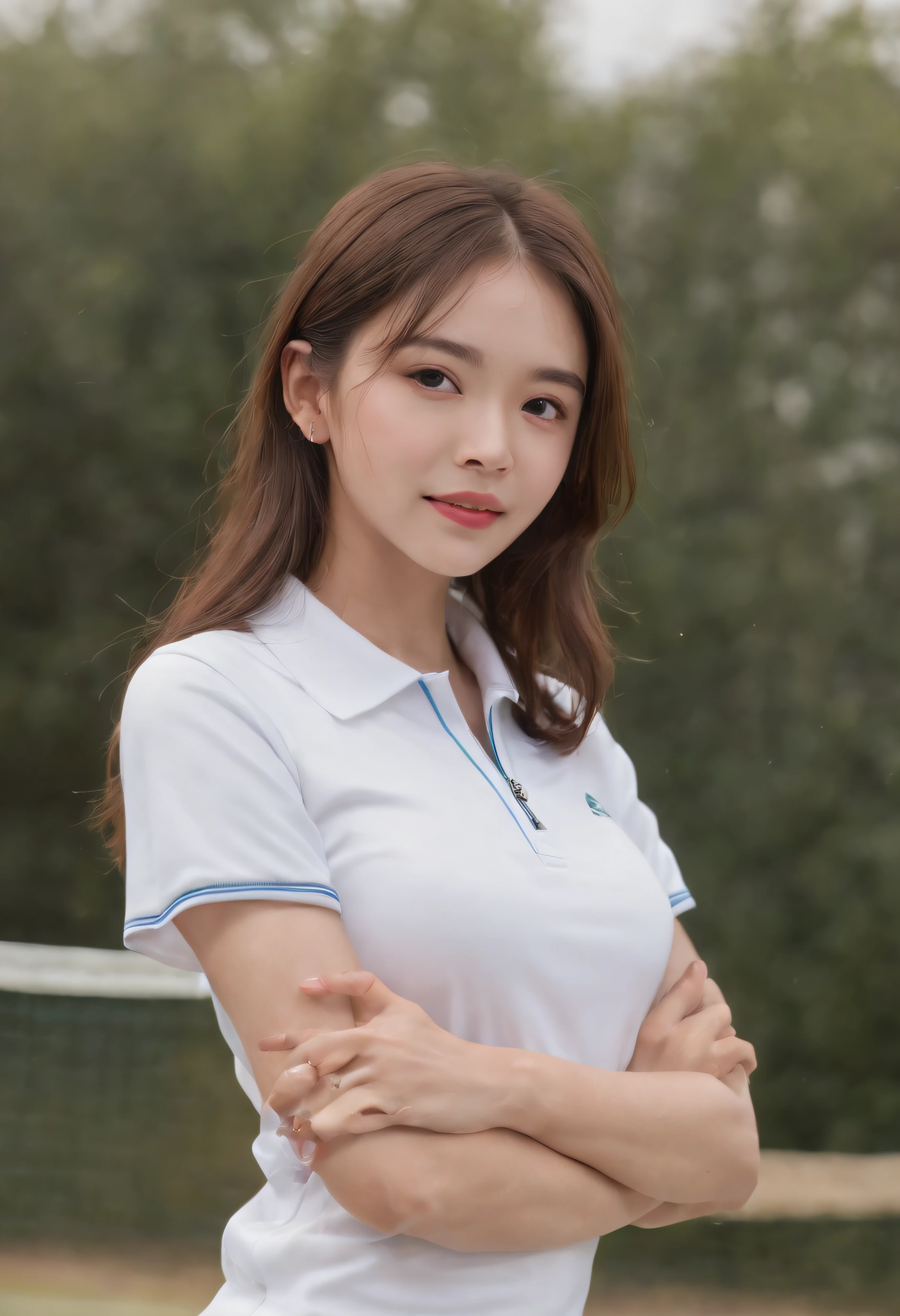 (((Masterpiece，highest quality，Highest quality，8k))),((Ultra-high resolution，Extremely detailed)),(Draw in detail),Hyper Quality，Beautiful Japanese woman in golf wear, Female college student，Gal，detailed bodyline，Golf course,Professional Golfer,Golf club，Beauty，sexy，glamorous，tall，Light brown hair，ponytail,Large Breasts,G-Cup,Big Ass,Sun visor,Sleeveless Polo Shirt(Wearing clothes next to the skin)，mini skirt,Knee-high socks,squat,Get down on one knee，Live Action, Skirt flip, (A woman looking at the putting line on the green)