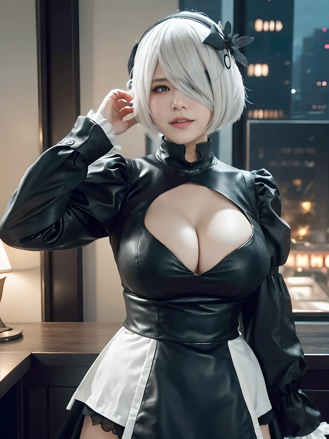 (4 k、top-quality)、(realisitic、Photorealsitic)、(Yakian)、
1girl in、独奏、fullllbody、(face to the viewer)、
perfect hand、up looking_で_the viewer、
whiteshirt、
City at night、natta、finerly detailed face、Slightly chubby、The best smile、You can see the double teeth、white hairband、Black blindfold、Yorha No. 2 Type B、n_2b、YORHA 2B、Nier Automata 2B Hairstyles,,(super gigantic breast, 、cleavage:1.2),(Nier:Automata 2B Cosplay:1.3), (Cameltoe),、Nogizaka Idol、actress、Korean Idol、Model Standing、