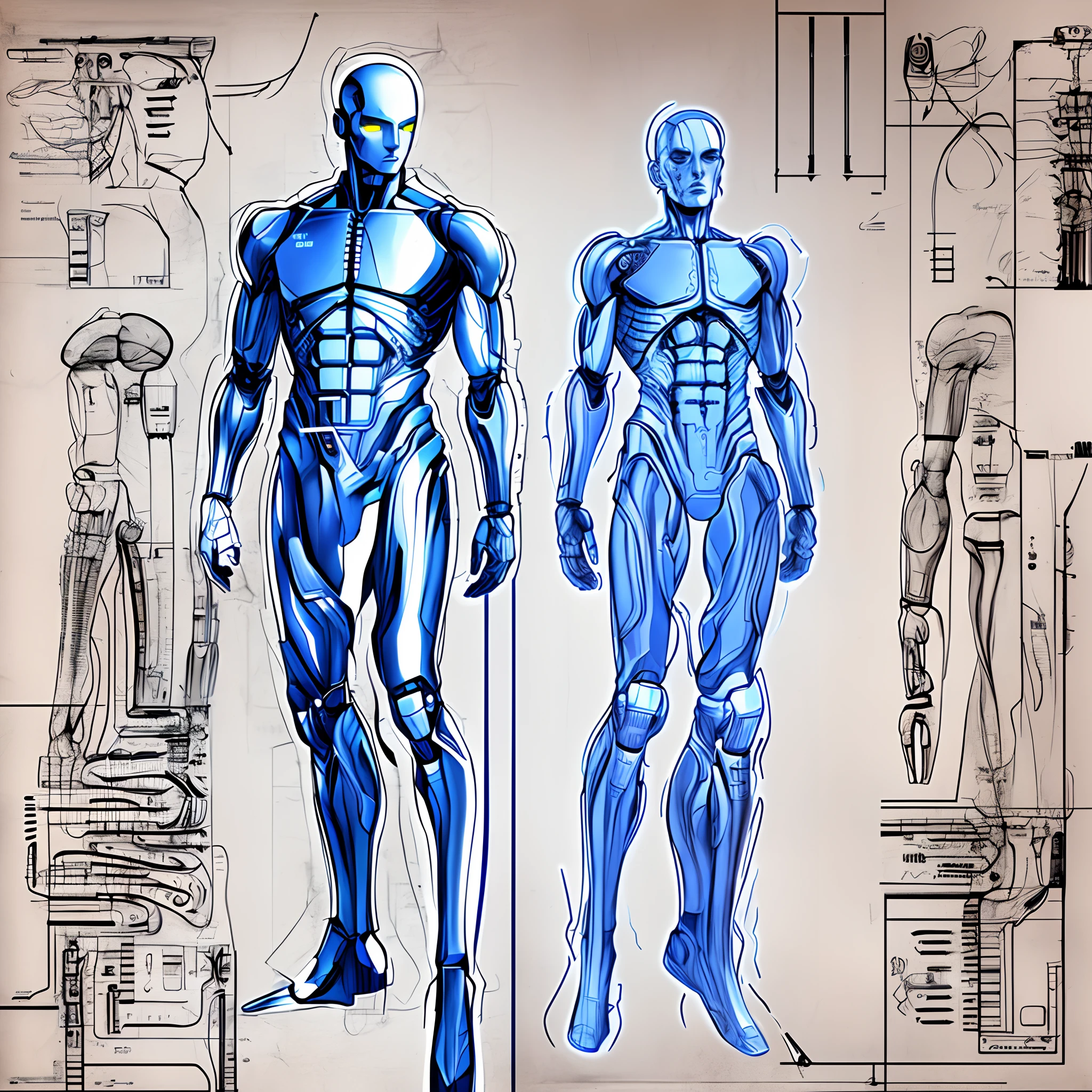 blueprint of a lineart an android,man, cyborg, multiple perspectives, schematics, labels, full body, lineart, sharp lines, crisp