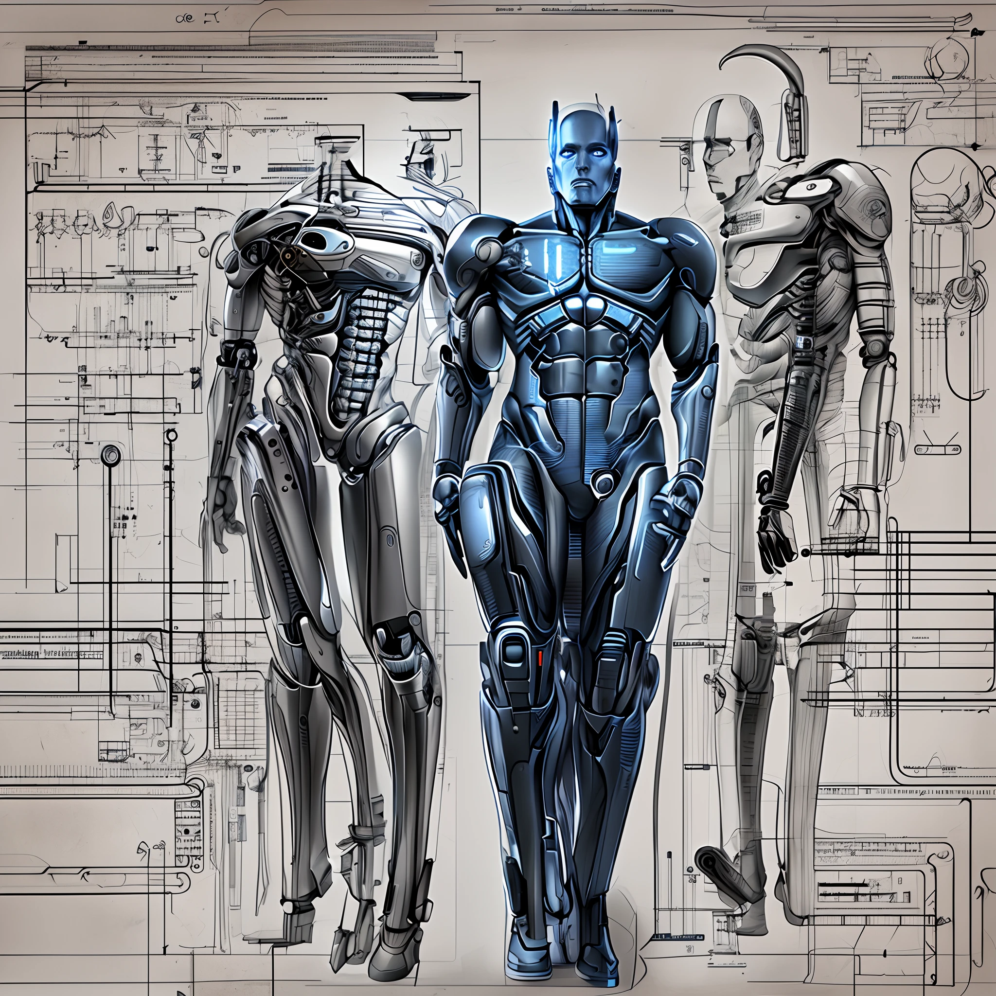 blueprint of a lineart an android,man, cyborg, multiple perspectives, schematics, labels, full body, lineart, sharp lines, crisp