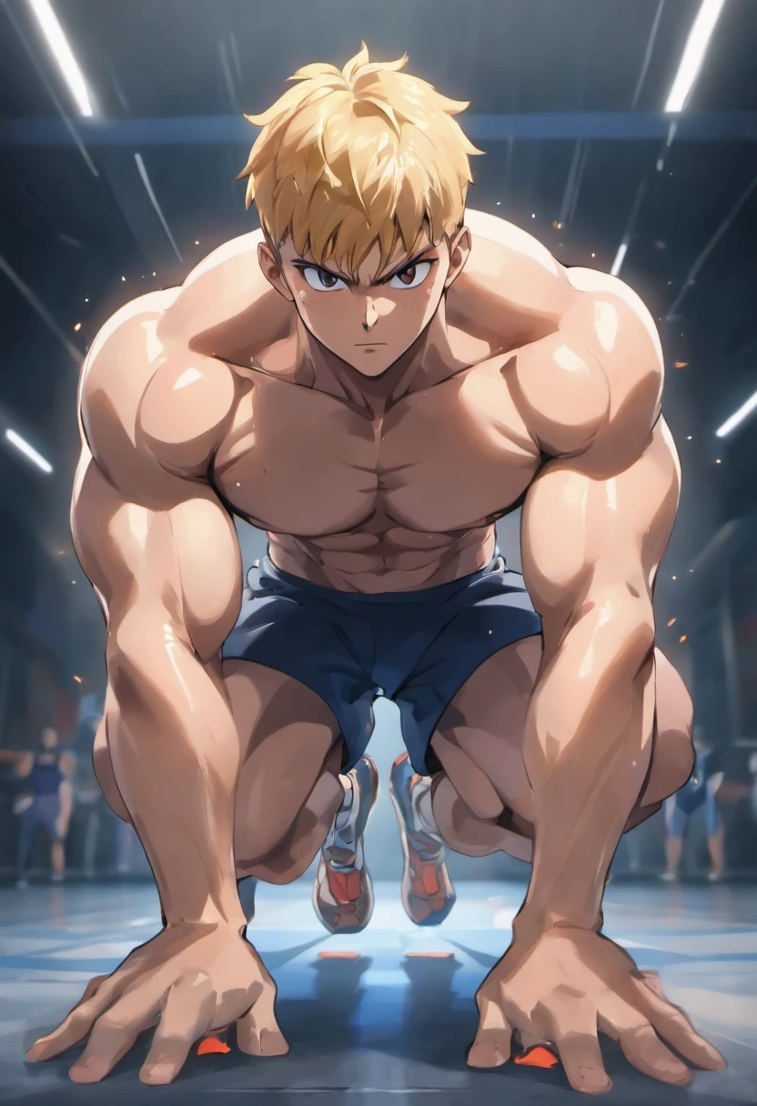 (best quality,4k,8k,highres,masterpiece:1.2),ultra-detailed,(realistic,photorealistic,photo-realistic:1.37),flexible man doing push-ups, muscular body, sweaty skin, strong biceps and triceps, intense workout, focused expression, gym scene, bright lighting, vibrant colors, energetic atmosphere, dynamic composition, shredded abs, sculpted physique, powerful movements, determination, dedication, male fitness model, athletic build, fitness gear, gym equipment, intense exertion, veins popping out, glistening muscles, fitness motivation.