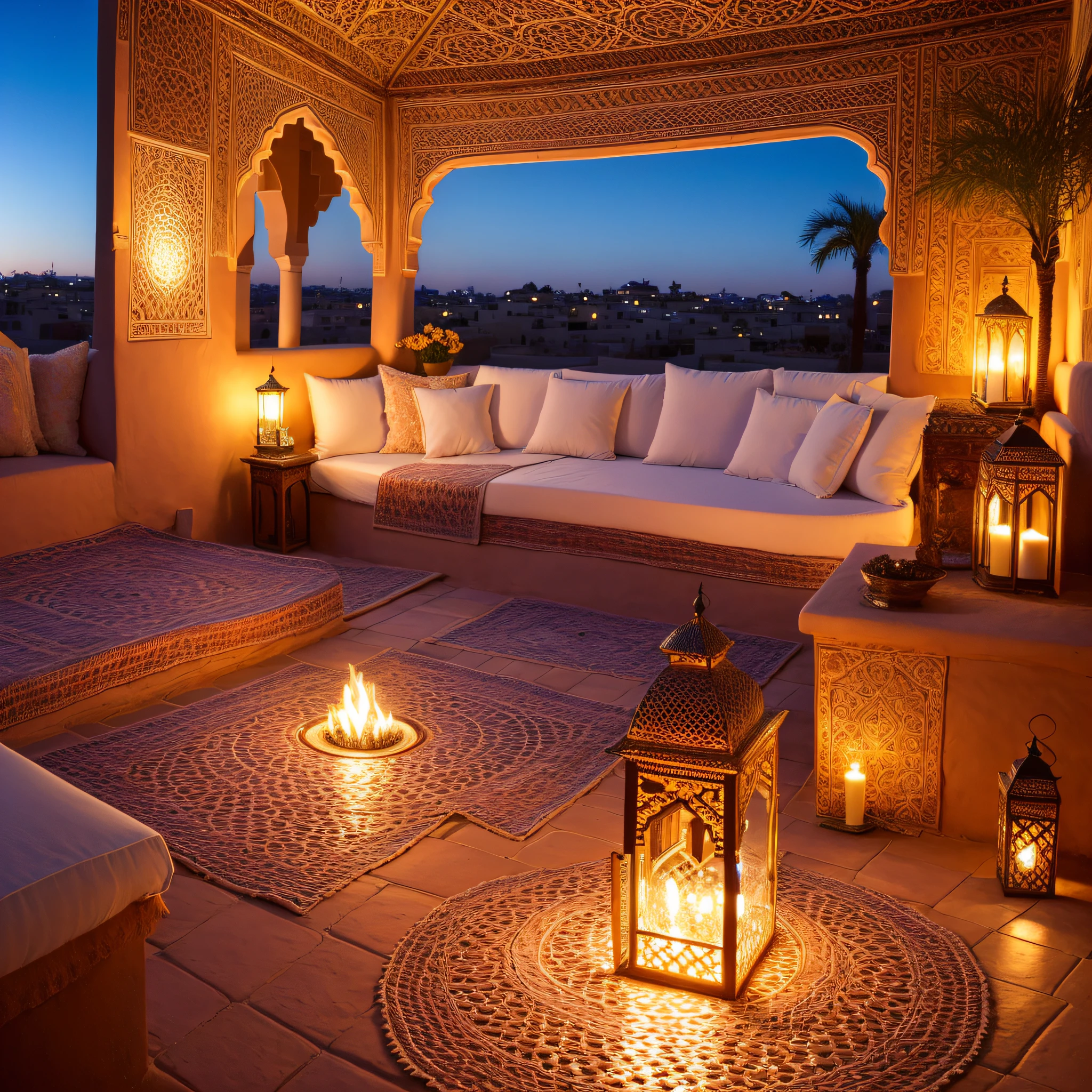 hyper realistic photo, ultra detailed photograph of a (man and woman from behind), face hidden, towards view, praying together, on a beautiful riad rooftop, photorealistic, Amazigh pillows, Marrakech background, shimmering stars, iridescent, hyperrealism, Moroccan lamps, Ultra photoreal, Intricate details, Ultra detailed, great high details, hyper real photo, 8k, extreme quality, gorgeous roses, exotic, glimmering lights, magical, romantic, wishing, firepit, romance