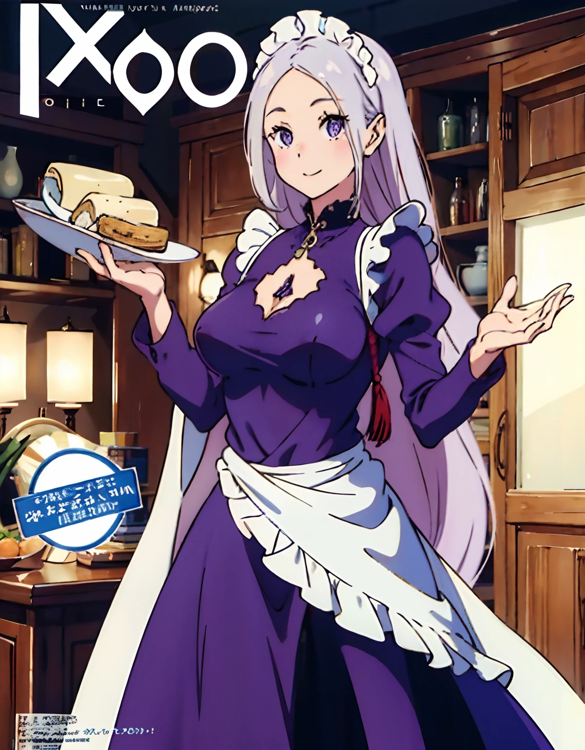 (Best Quality, Masterpiece),sexy , Front cover of a women's cooking magazine, , naked, erotic, 18+, nsfw, 1girl, 16 yunning, cute, smile, hourglass figure, Maid costume, beautiful food, text, diagrams, advertisements, magazine title, long white hair, purple detailed sparkling eyes,One strand of hair hangs down over his forehead