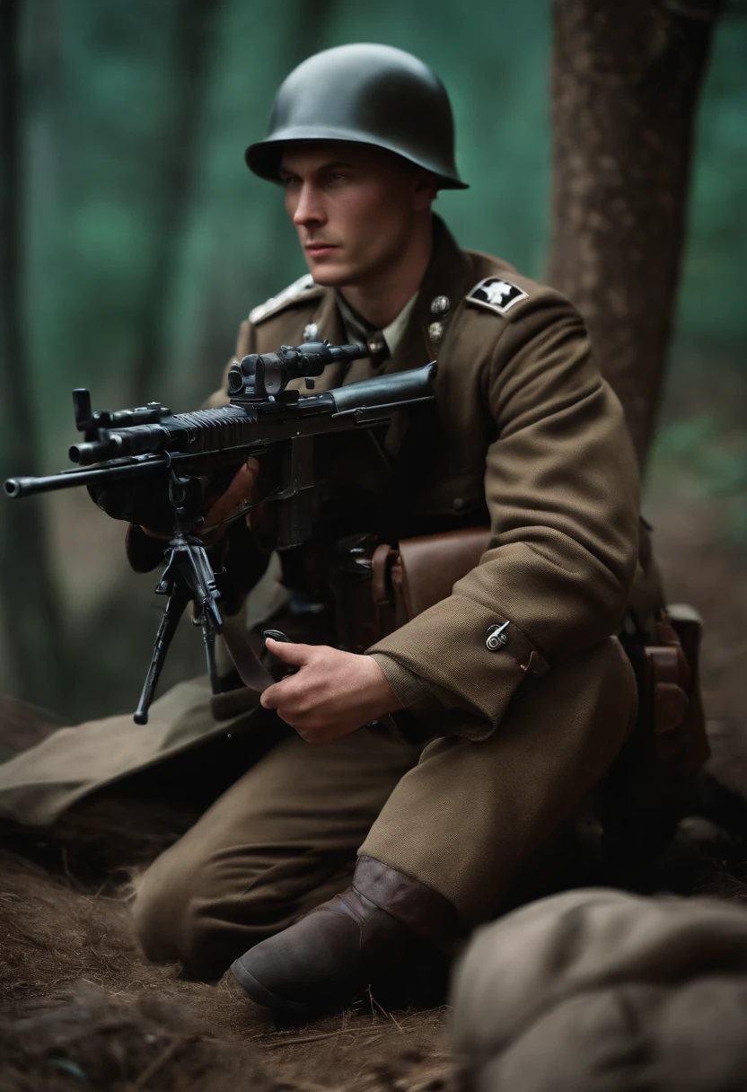make me a nazi ss soldier, gun machine shooting, face very bad and hungry
