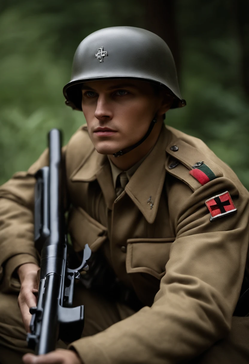 make me a nazi ss soldier, gun machine shooting, face very bad and hungry