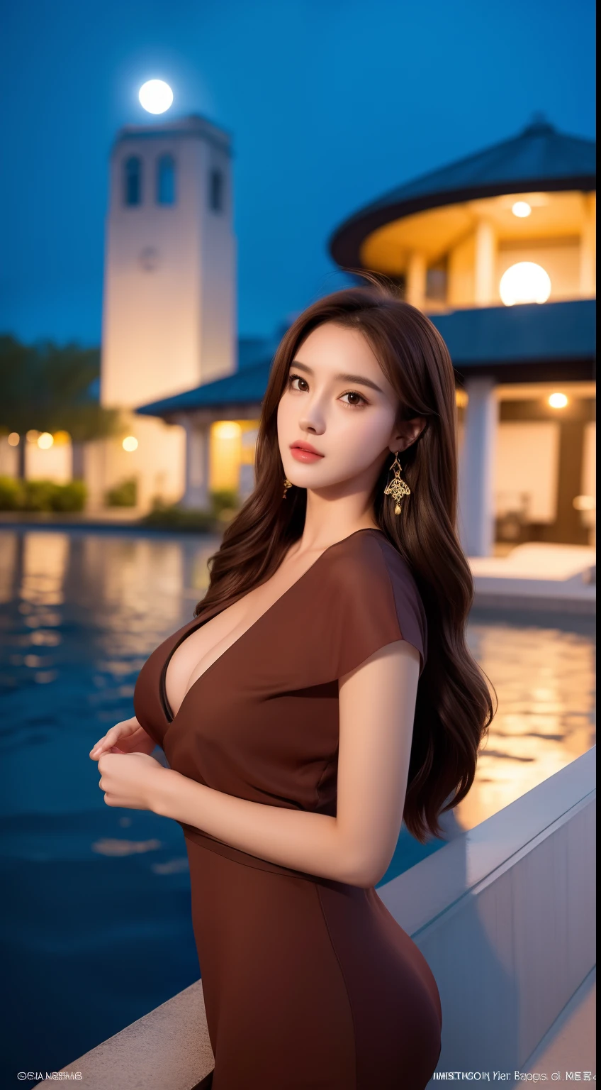 1girl, blurry, blurry_background, brown_eyes, brown_hair, depth_of_field, earrings, flower, full_moon, hair_flower, hair_ornament, lips, looking_at_viewer, moon, moonlight, night, night_sky, outdoors, Tang suit, red_moon, sky, 独奏,Bigchest,full bodyesbian