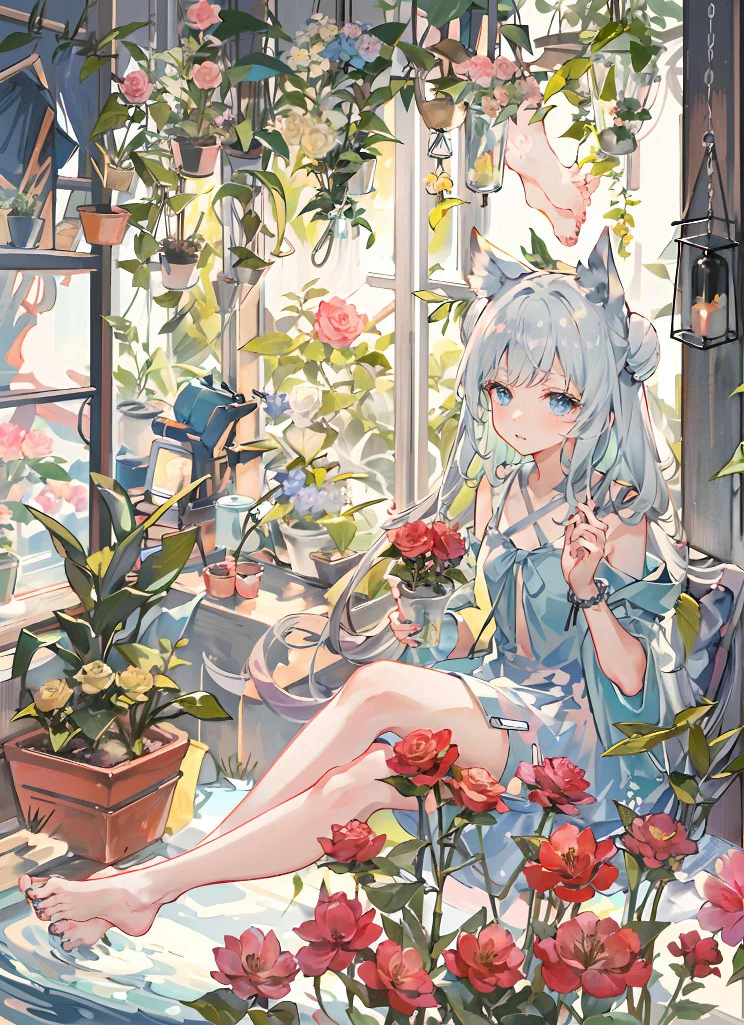 flower, nail_Polish, plant, potted_plant, Double_Bun, flower_pot, vases, toenail_Polish, Animal_hor ears, cat_hor ears, Rose, Red_finger nails, leafs, Red_flower, hydrangea, Feet, tulip, Bamboo, Pink_flower, Morning_glory, purple_flower, Pink_Rose, Toenails, 1girll, Long_Hair, vines, Blue_finger nails, Toes, Red_Rose, upper legs, Bouquet, cacti, ivy, sonoko, A sole, Pink_finger nails, Blue_Eyes, Barefoot, Sitting, watering_can, Yellow_flower, interlocked_Fingers, black_legwear, Palm_tree, Looking_at_peeping at the viewer, Tanzaku, nail_art, Tanabata, neko_Girl, window, (arknight\), Lily_af_The_valley, camellia, Silver_Hair, Solo, ribbon