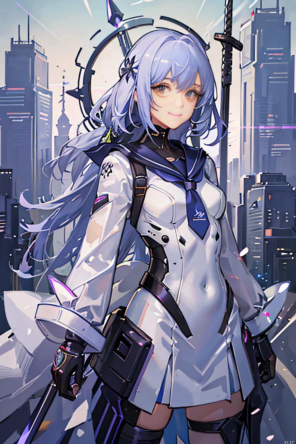 white suit、gray hair、long hair、robot、machine body