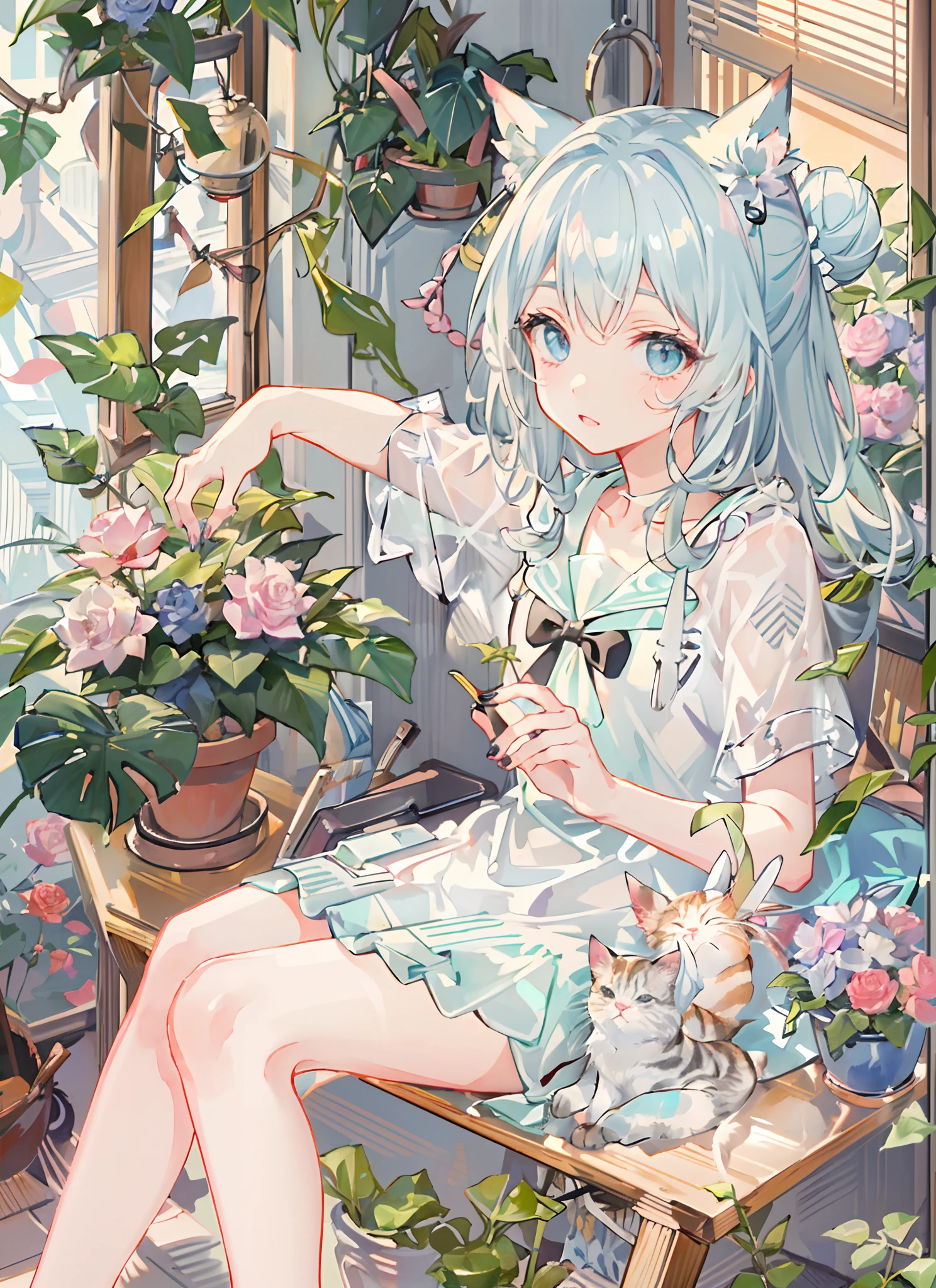 flower, nail_Polish, plant, potted_plant, Double_Bun, flower_pot, vases, toenail_Polish, Animal_hor ears, cat_hor ears, Rose, Red_finger nails, leafs, Red_flower, hydrangea, Feet, tulip, Bamboo, Pink_flower, Morning_glory, purple_flower, Pink_Rose, Toenails, 1girll, Long_Hair, vines, Blue_finger nails, Toes, Red_Rose, upper legs, Bouquet, cacti, ivy, sonoko, A sole, Pink_finger nails, Blue_Eyes, Barefoot, Sitting, watering_can, Yellow_flower, interlocked_Fingers, black_legwear, Palm_tree, Looking_at_peeping at the viewer, Tanzaku, nail_art, Tanabata, neko_Girl, window, (arknight\), Lily_af_The_valley, camellia, Silver_Hair, Solo, ribbon