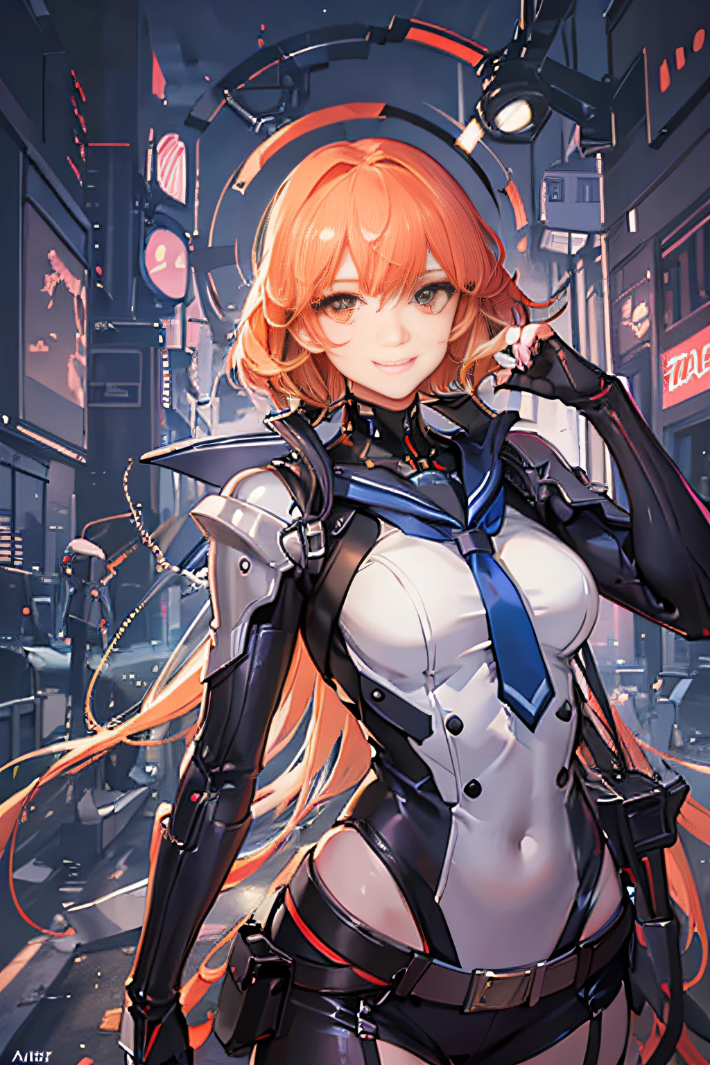 Cybernetic arm and glowing cyber girl,(J Women's Uniform,a sailor suit,White skirt,)Stand on a post-apocalyptic battlefield cityscape.Surrounded by a network of wires. Surrounded by a web of circuits. (Cyber Girl with Orange Glowing Sword:1.3), Glossy light brown and orange striped shorthair,Cute smile,Perfect round face,Black eyes,A cheerful smile that makes the viewer happy,Proper body proportion,Intricate details,Very delicate and beautiful hair,photos realistic,Dreamy,Professional Lighting,realistic shadow,Solo Focus,Beautiful hands,Beautiful fingers,Detailed finger features,detailed clothes features,Detailed hair features,detailed facial features,(masutepiece,top-quality,Ultra-high resolution output image,) ,(The 8k quality,),(Image Mode Ultra HD,),(Image Mode Ultra HD,),(SeaArt2 Mode.1:1.3),Science fiction fantasy