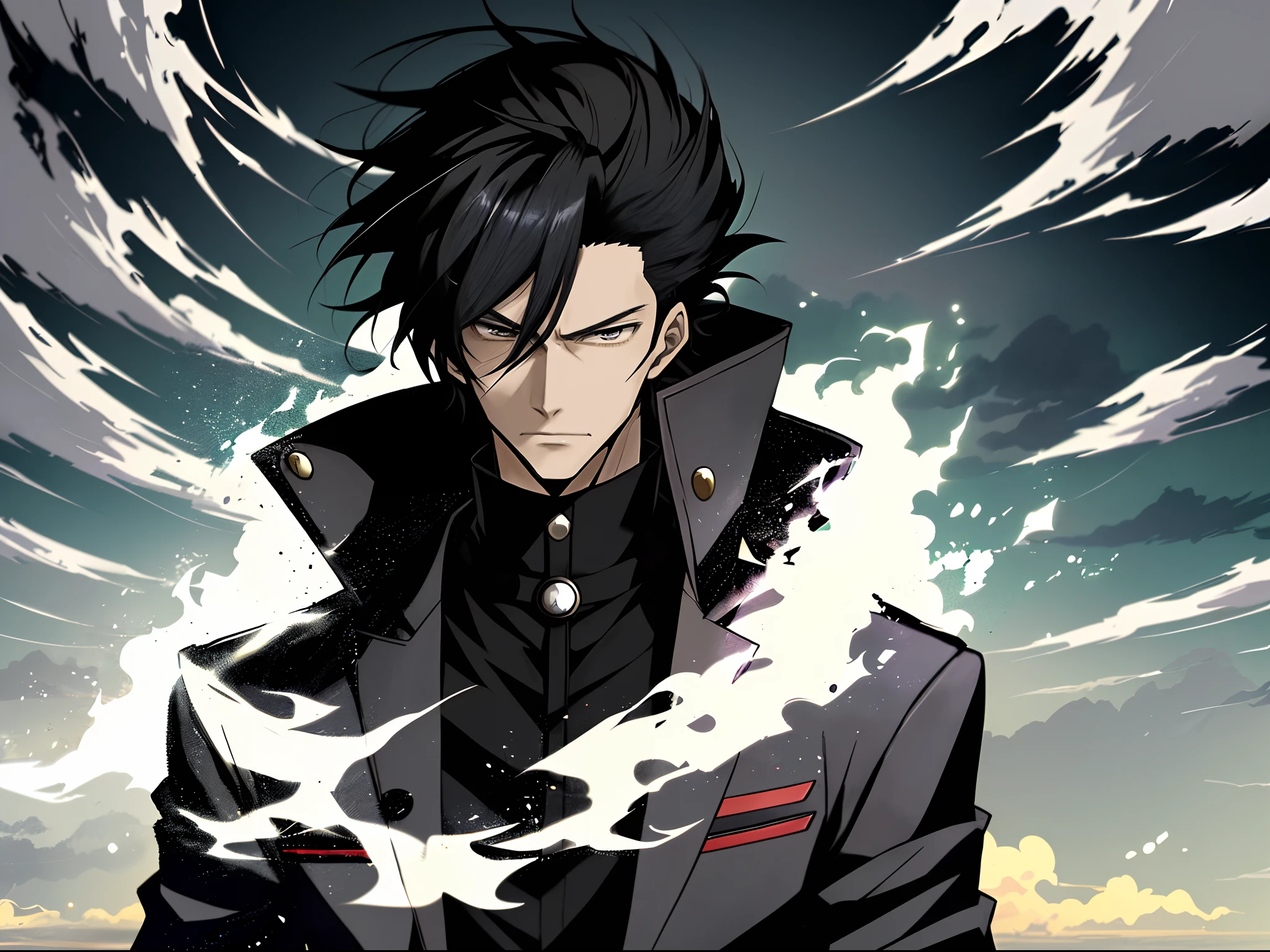 Anime man in a black coat,nigth， Black eyes，Black clouds, Anime handsome man, Anime portrait of a handsome man, Anime concept HD, Key anime art, male anime character