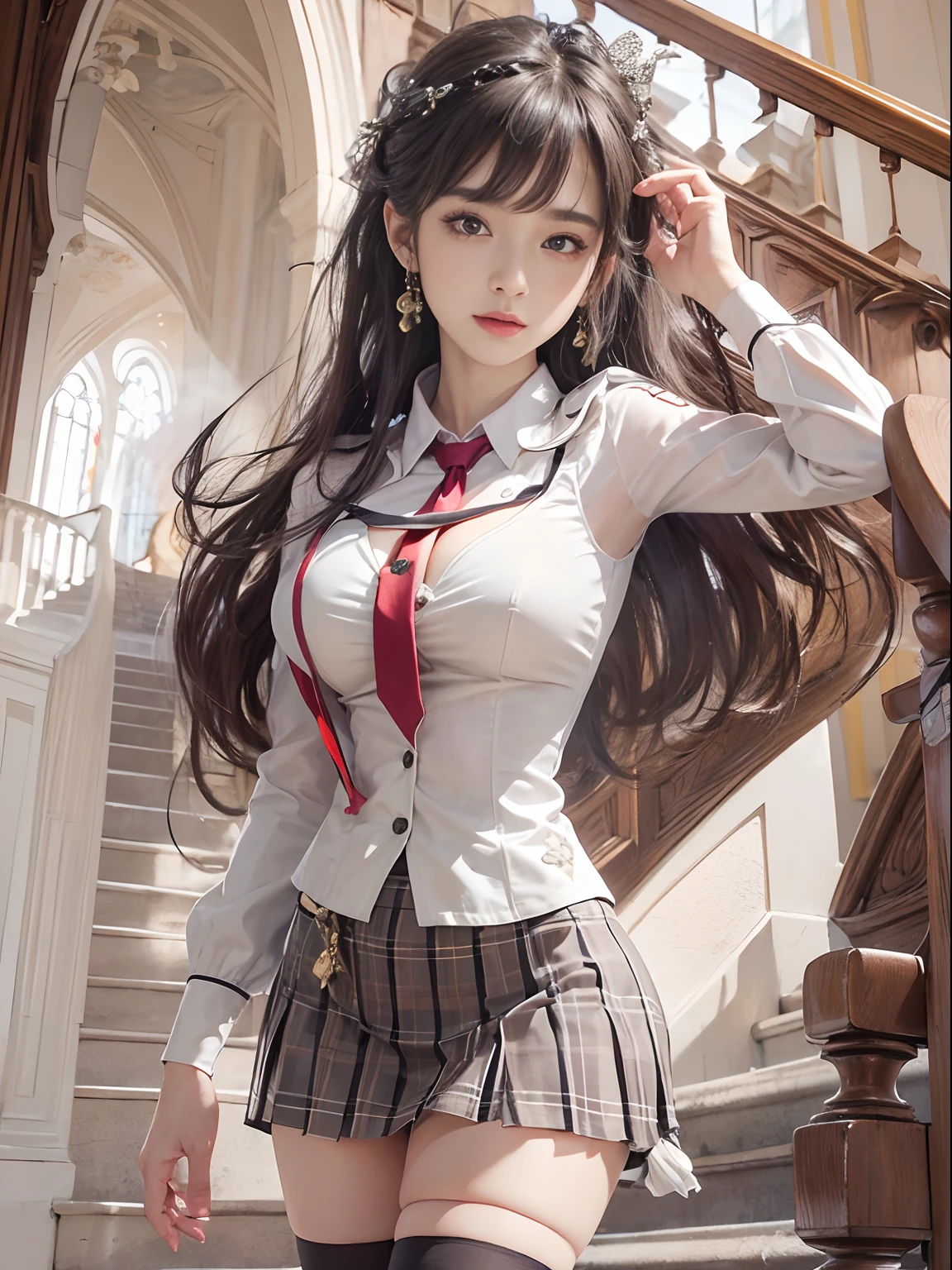 1 beautiful girl, beauitful face, (shapely body:1.2), Realistic, Extremely detailed CG unified wallpaper 8K, The is very detailed, Original HD color photo, Professional photography, Realistic portrait, 电影灯光, Beautiful detailed, (Beautiful breasts), (Breast cleavage:1.2), (Wide-chested uniform:1.2), (Mini skirt:1.3), (white panties)、(:1.5), Carmelto details, Indoors, school, (Best quality:1.4), ((Climb stairs))、((Give yours to me:1.5))、super detailing, hiquality, (View from the bottom),blackstockings