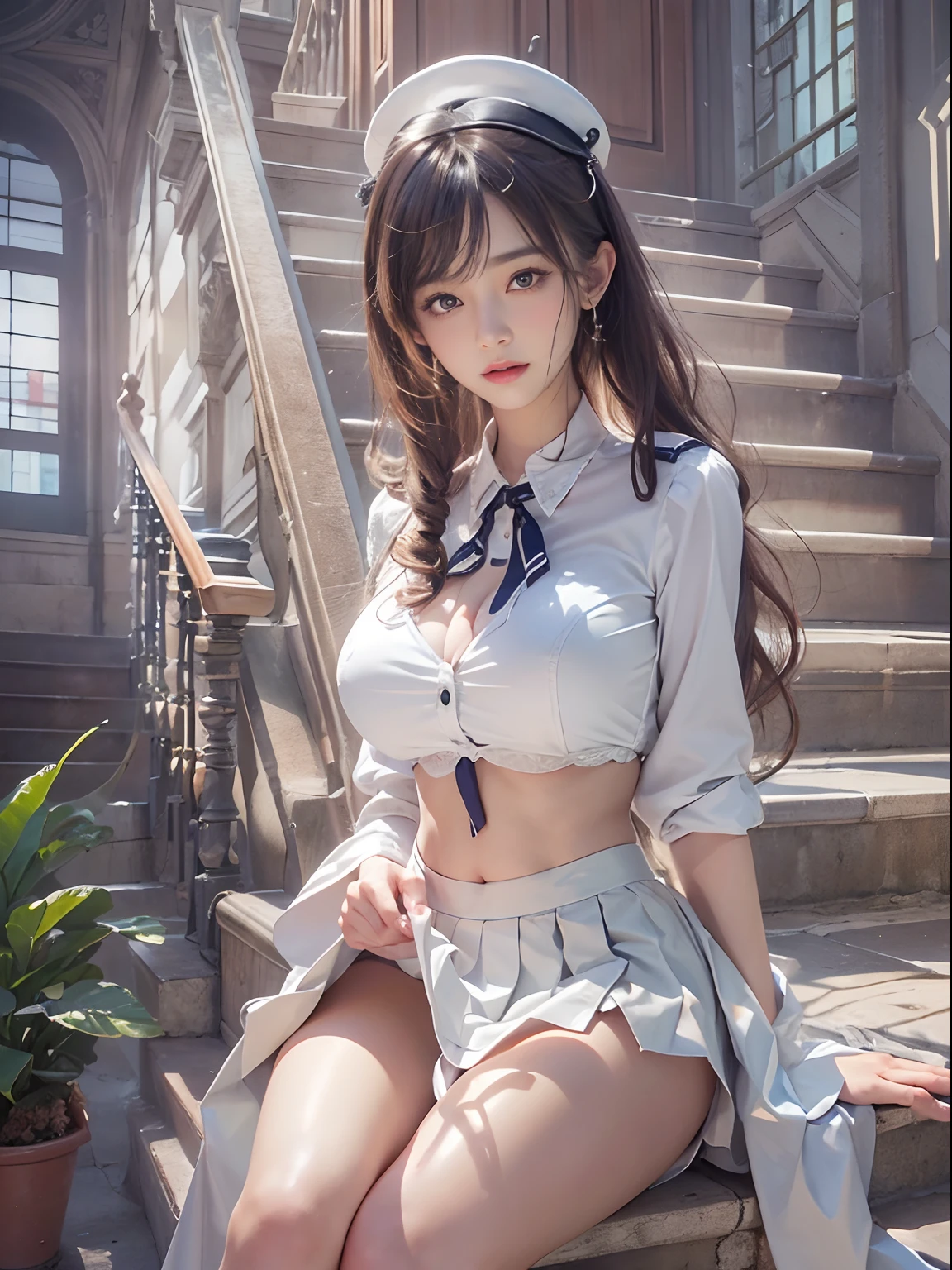 1 beautiful girl, beauitful face, (shapely body:1.2), Realistic, Extremely detailed CG unified wallpaper 8K, The is very detailed, Original HD color photo, Professional photography, Realistic portrait, 电影灯光, Beautiful detailed, (Beautiful breasts), (Breast cleavage:1.2), (Wide-chested uniform:1.2), (Mini skirt:1.3), (white panties)、(:1.5), Carmelto details, Indoors, school, (Best quality:1.4), ((Climb stairs))、((Give yours to me:1.5))、super detailing, hiquality, (View from the bottom),blackstockings