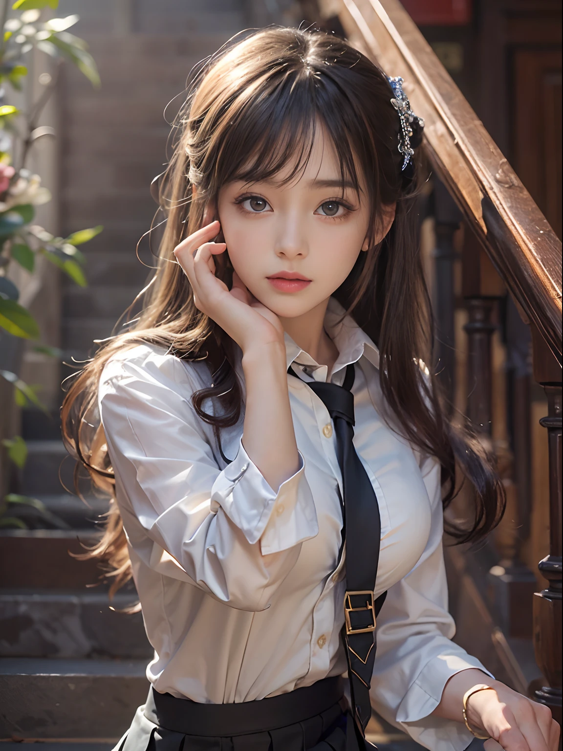 1 beautiful girl, beauitful face, (shapely body:1.2), Realistic, Extremely detailed CG unified wallpaper 8K, The is very detailed, Original HD color photo, Professional photography, Realistic portrait, 电影灯光, Beautiful detailed, (Beautiful breasts), (Breast cleavage:1.2), (Wide-chested uniform:1.2), (Mini skirt:1.3), (white  panties)、(:1.5), Carmelto details, Indoors, school, (Best quality:1.4), ((Climb stairs))、((Give yours to me:1.5))、super detailing, hiquality, (View from the bottom)，blackstockings