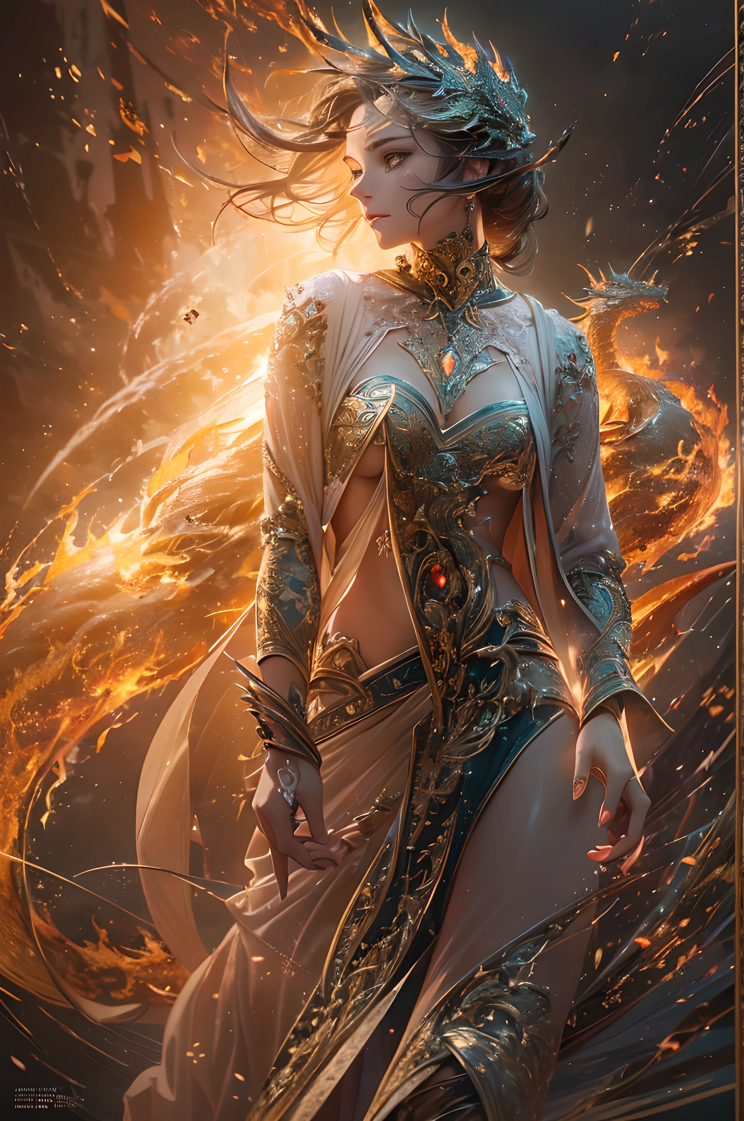 ((Highest quality)), ((outstanding detail)), ((super high resolution: 3.5)), (fidelity: 1.4), ((best illustration, favor details, perfect detail rendering, ultra HD, masterpiece, ultra high res)), (photorealistic:1.5), realistic oil art, raw photo, perfect brightness and darkness, light ray, perfect balance, smooth color transition, full body frame, shining light, perfect color layer, perfect color blur, perfect lighting, movement motion, photo manipulation, fantastical scenes, digital artistry, striking visuals , kinetic art, dynamic motion, captivating visuals, , warm soft lighting effect, (sparks:0.7), extremely detailed, (beautiful detailed glow), lens flare, backlighting, absurdres, (beautiful light effect), Fire Dragon, mighty posture