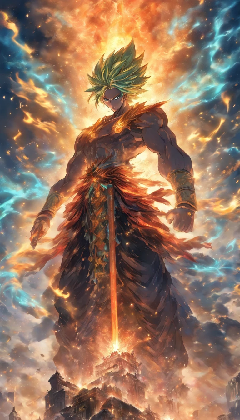 The majestic Saint stands on a high platform, holding a staff radiating immense power, the ground shattering and flames splattering as he extends his arm forward. The remains of Xiao Huohuo are scattered around. ,32k, best quality, masterpiece, super detail, high details by Jidaimono Anime Style