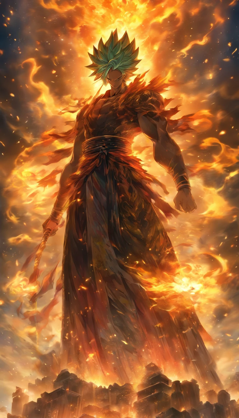 The majestic Saint stands on a high platform, holding a staff radiating immense power, the ground shattering and flames splattering as he extends his arm forward. The remains of Xiao Huohuo are scattered around. ,32k, best quality, masterpiece, super detail, high details by Jidaimono Anime Style