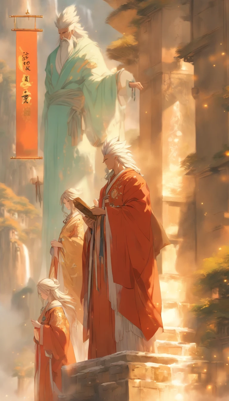 A middle-aged man in a luxurious robe standing on a high platform, holding an ancient scroll in his hand, with a piercing gaze scanning the surroundings, accompanied by two beautiful women, Xueer and Nalan Wan'er, standing beside him, looking solemn. Below the high platform is a vast valley, with pleasant scenery under the sunlight. ,32k, best quality, masterpiece, super detail, high details by Jidaimono Anime Style