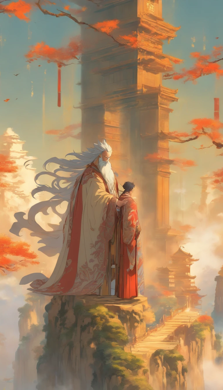 A middle-aged man in a luxurious robe standing on a high platform, holding an ancient scroll in his hand, with a piercing gaze scanning the surroundings, accompanied by two beautiful women, Xueer and Nalan Wan'er, standing beside him, looking solemn. Below the high platform is a vast valley, with pleasant scenery under the sunlight. ,32k, best quality, masterpiece, super detail, high details by Jidaimono Anime Style