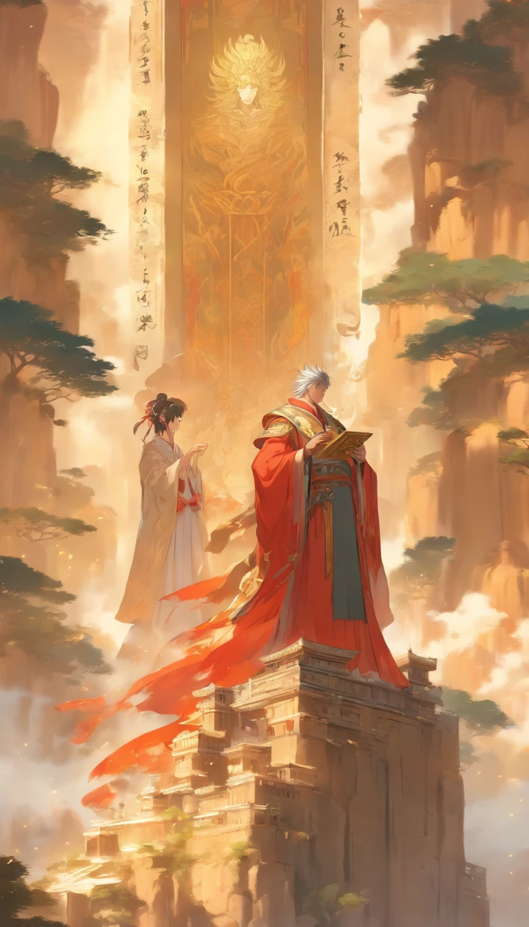 A middle-aged man in a luxurious robe standing on a high platform, holding an ancient scroll in his hand, with a piercing gaze scanning the surroundings, accompanied by two beautiful women, Xueer and Nalan Wan'er, standing beside him, looking solemn. Below the high platform is a vast valley, with pleasant scenery under the sunlight. ,32k, best quality, masterpiece, super detail, high details by Jidaimono Anime Style